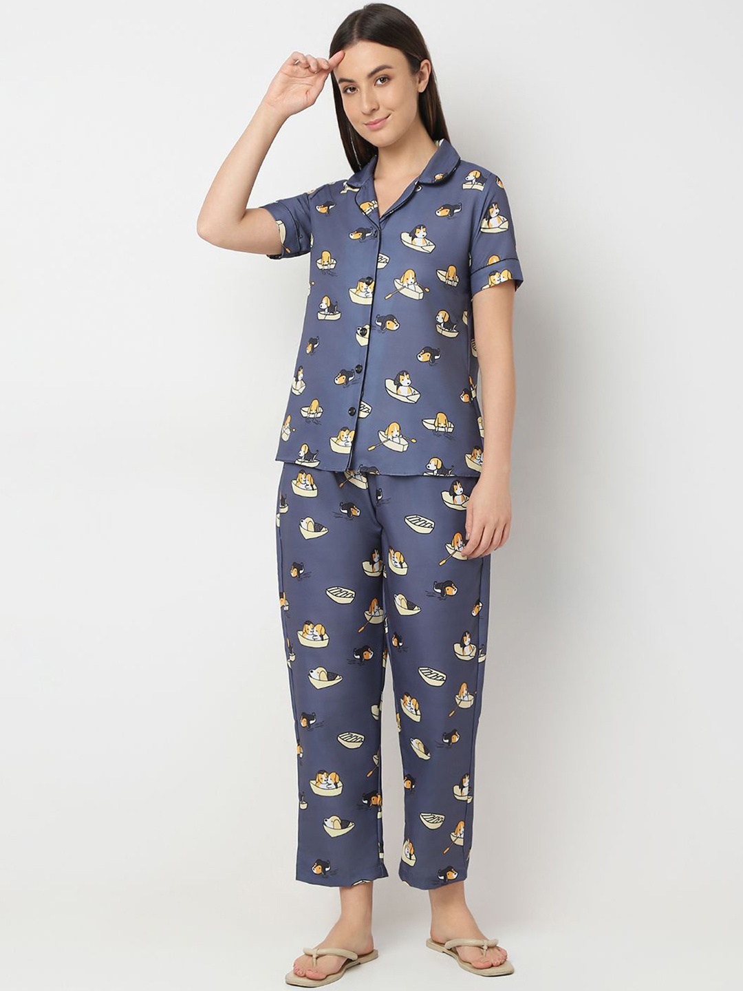 

Smarty Pants Women Graphic Printed Lapel Collar Night suit, Grey