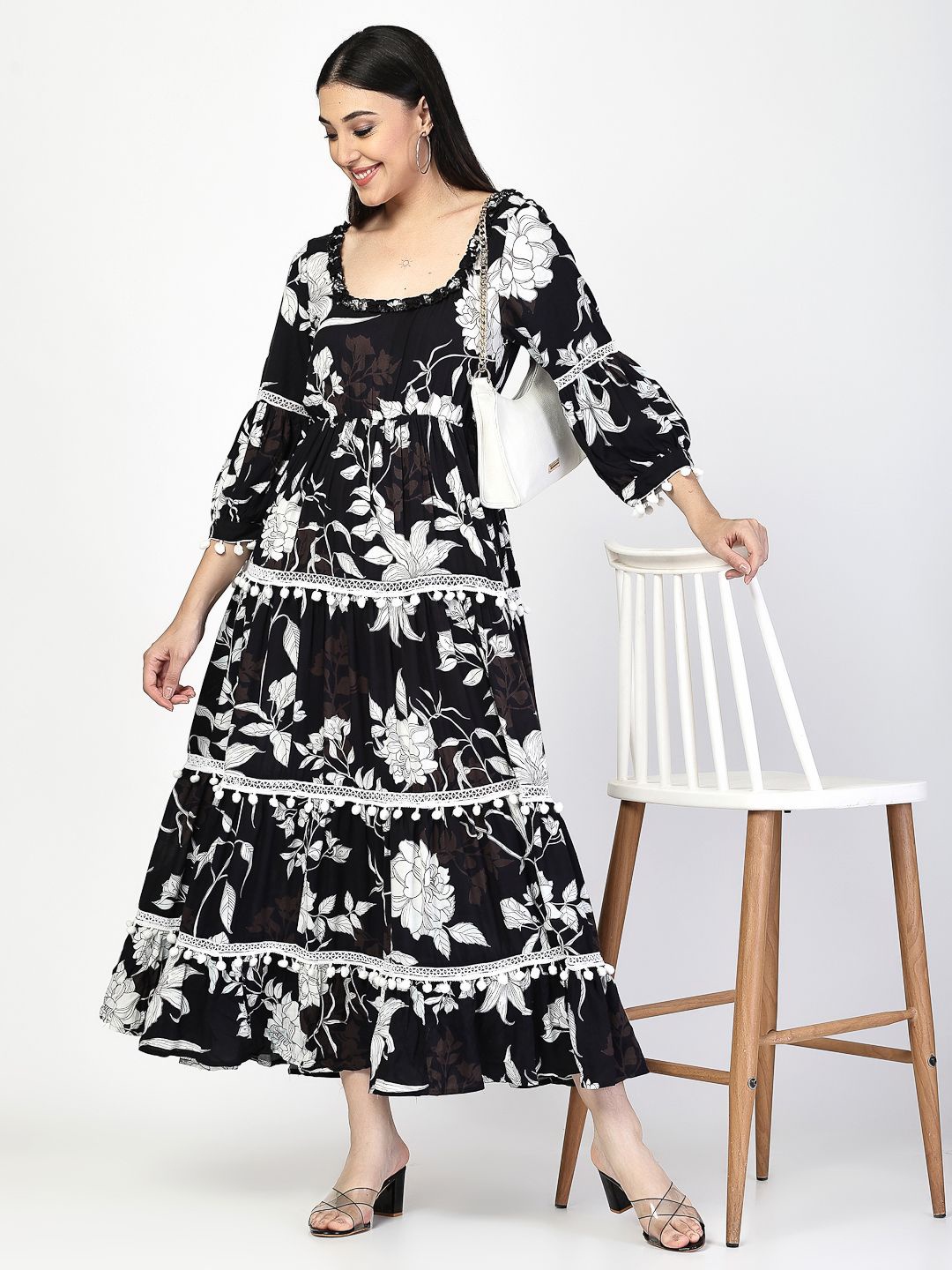 

COSMIC TRIO Women Floral Printed Bishop Sleeve A-Line Dress, Black