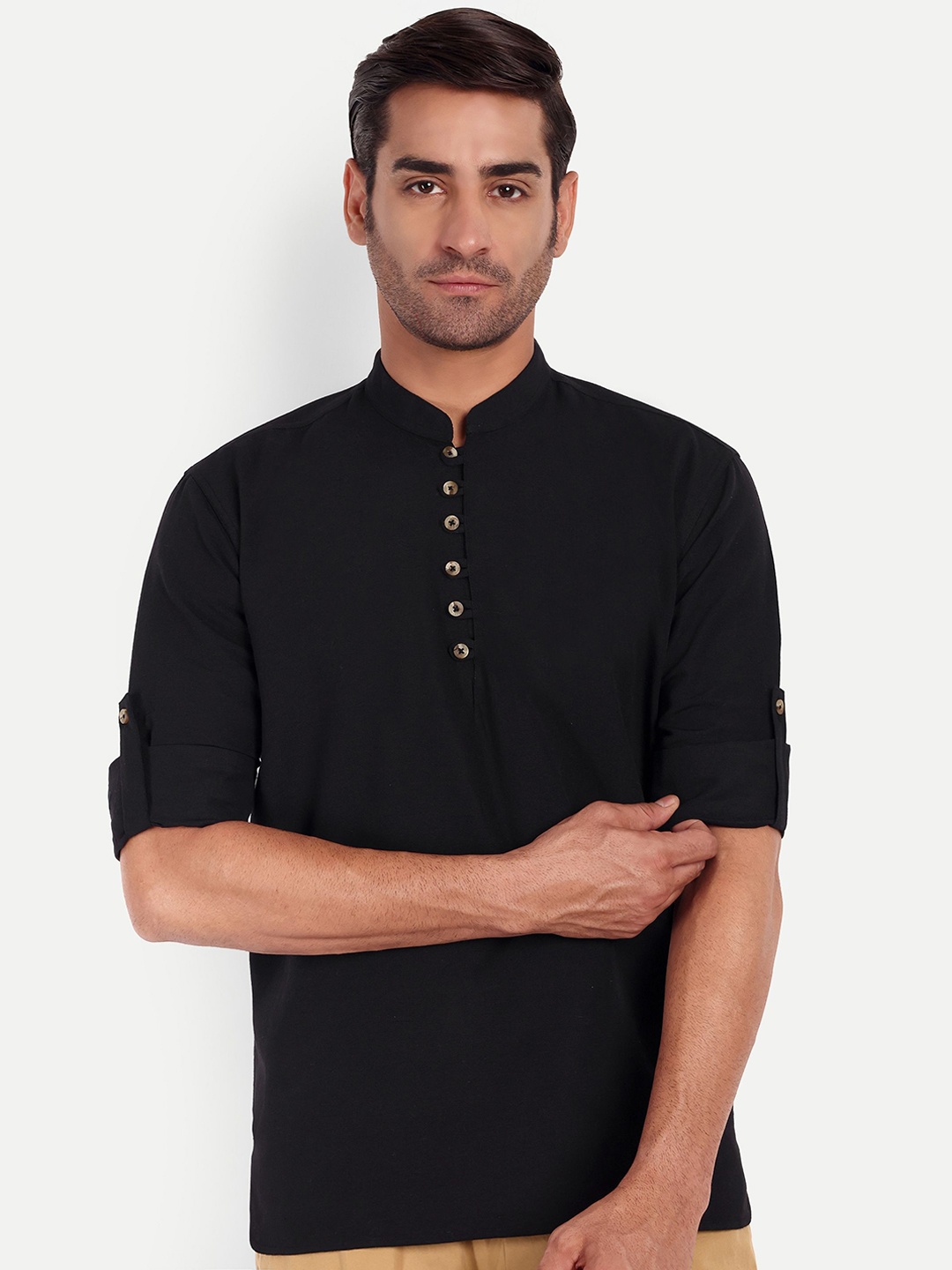 

Springberry Mandarin Collar Roll-up Sleeves Cotton Curved Kurta, Black