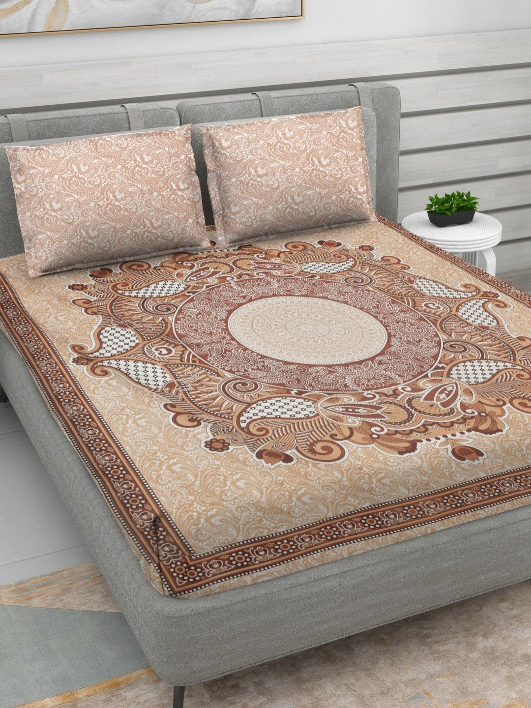 

RRC Brown & White Floral Printed 120 TC Microfiber Queen Bedsheet & 2 Pillow Covers