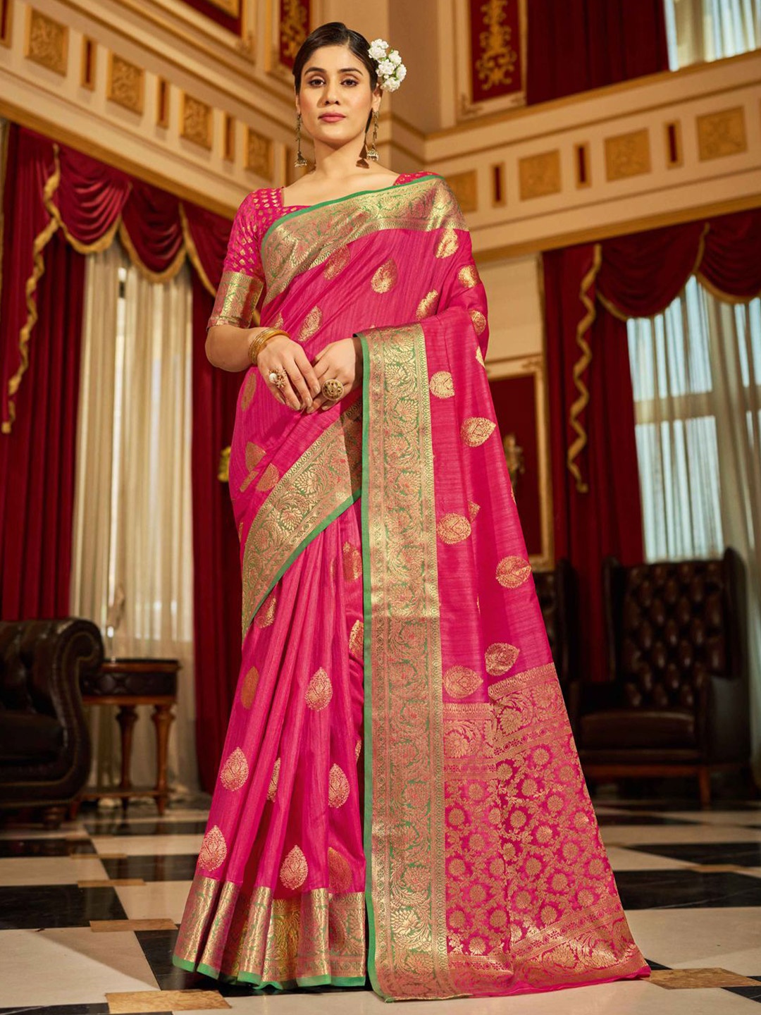 

Krimmple Woven Design Zari Saree, Pink