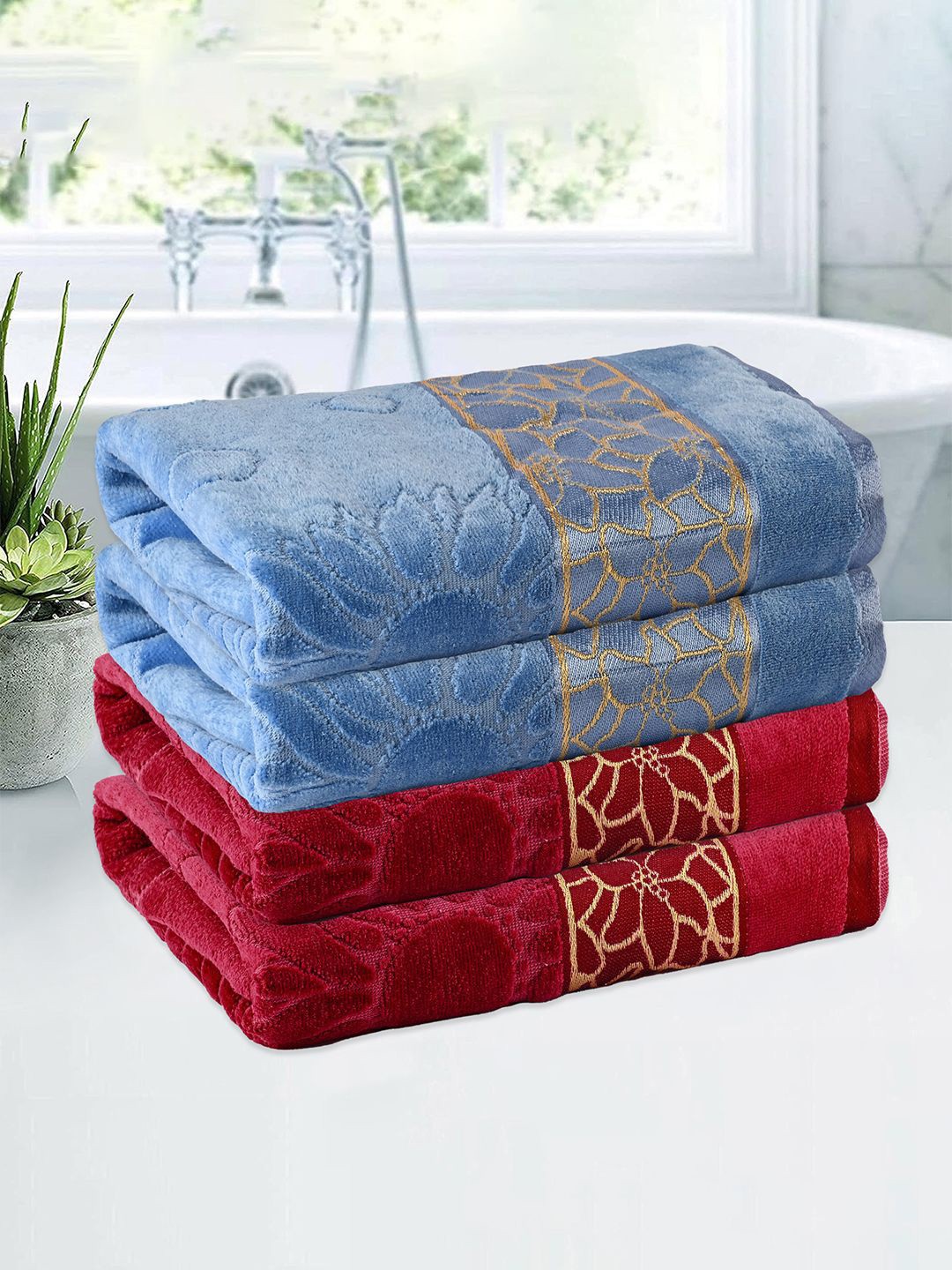

Kuber Industries Maroon & Blue 4 Pieces Floral Textured Cotton 450 GSM Bath Towel