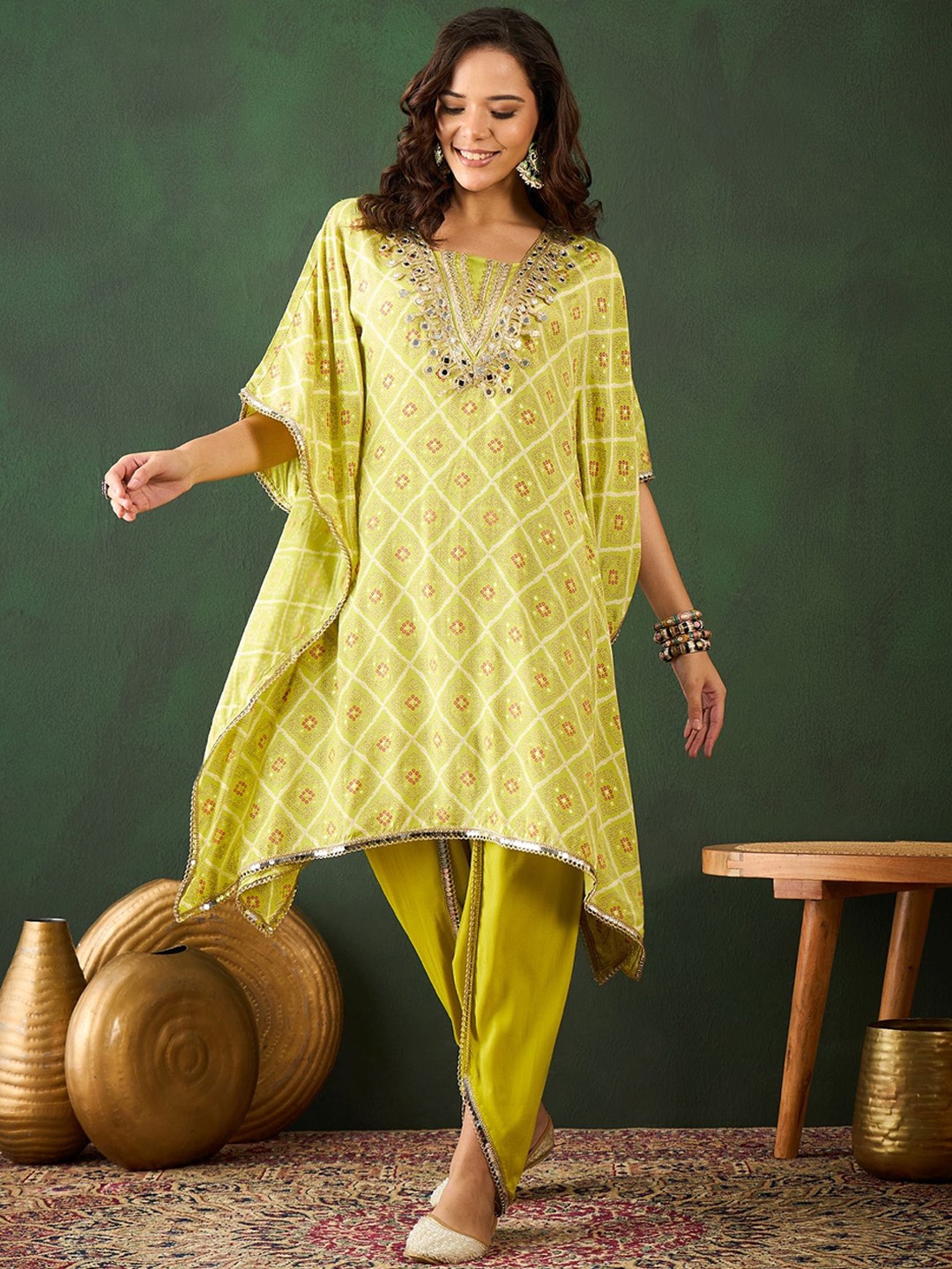 

Sangria Green Bandhani Printed Gotta Patti Asymmetric Kaftan With Dhoti Pant