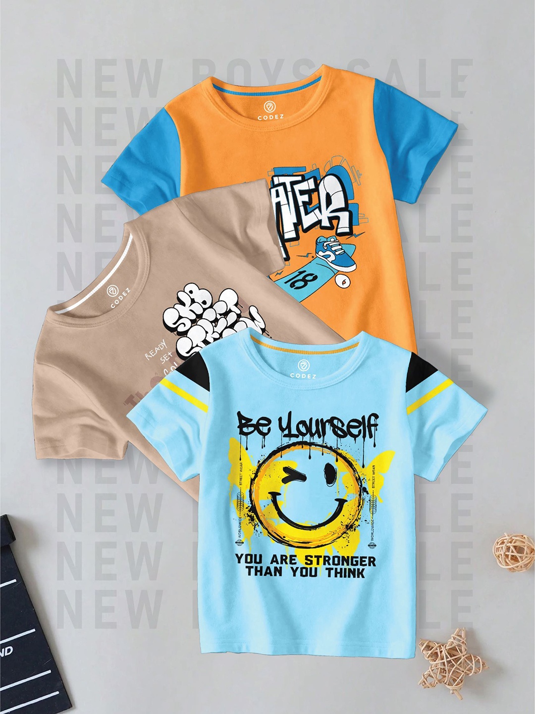 

CODEZ Boys Pack Of 3 Graphic Printed Round Neck Cotton T-shirts, Orange