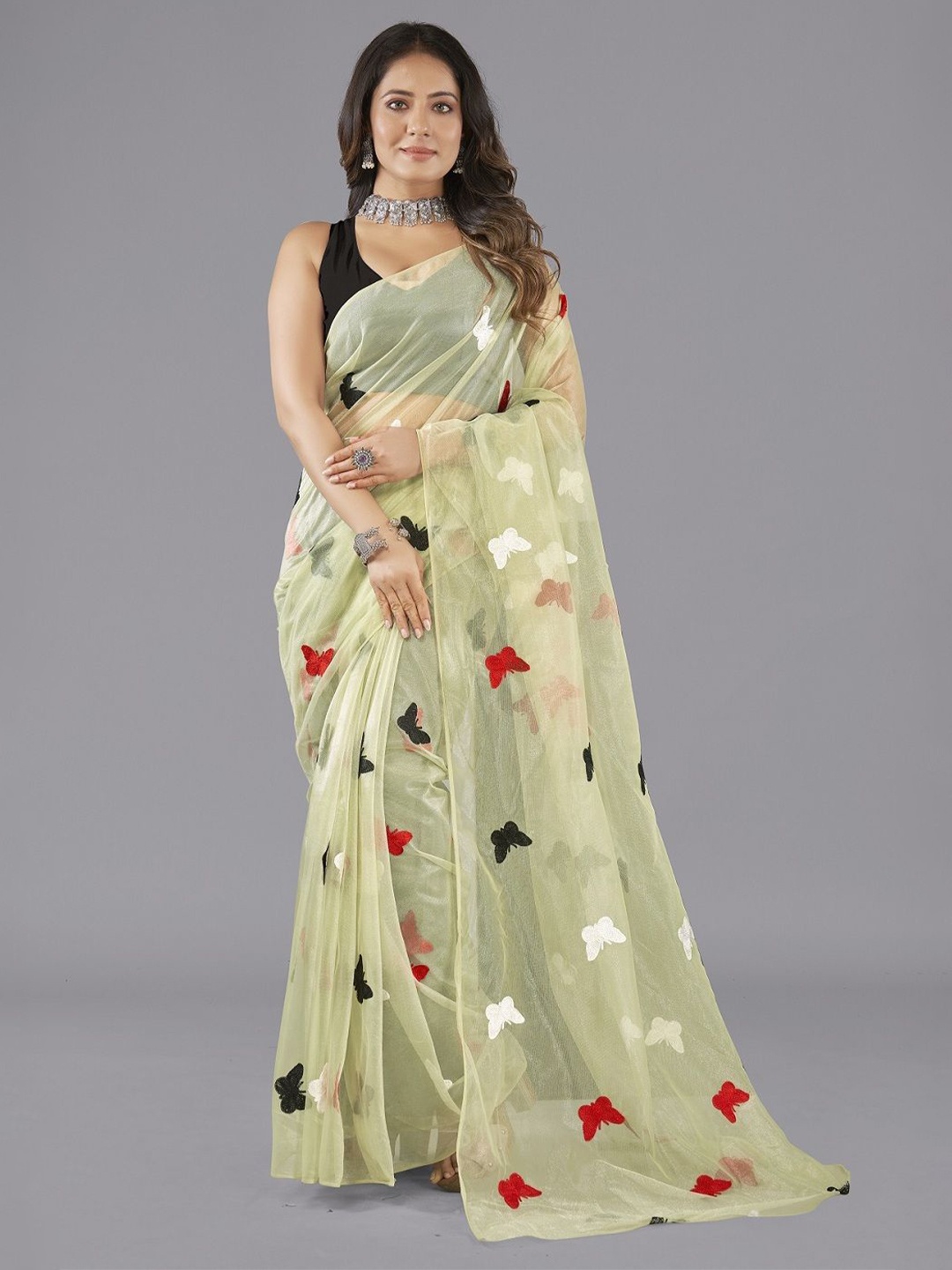 

LADY SHOPI Ethnic Motifs Net Saree, Lime green