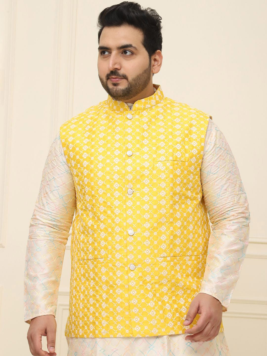 

SOJANYA PLUS Men Plus Size Embroidered Mandarin Collar Nehru Jacket, Yellow