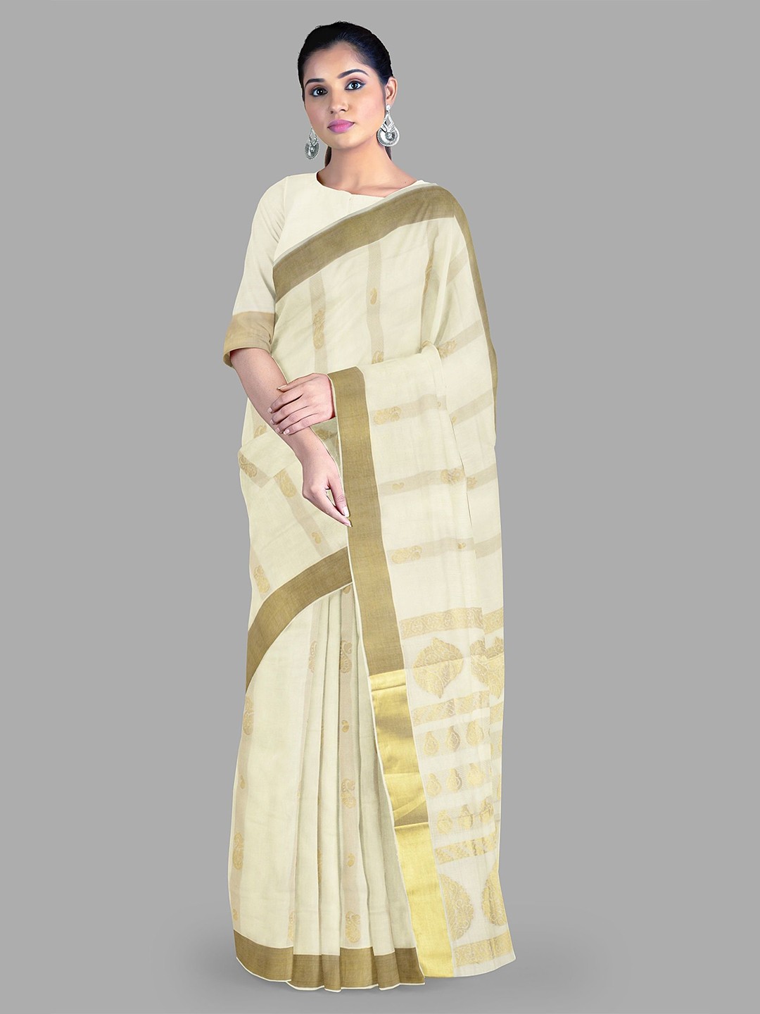 

The Chennai Silks Striped Pure Cotton Kasavu Saree, Off white