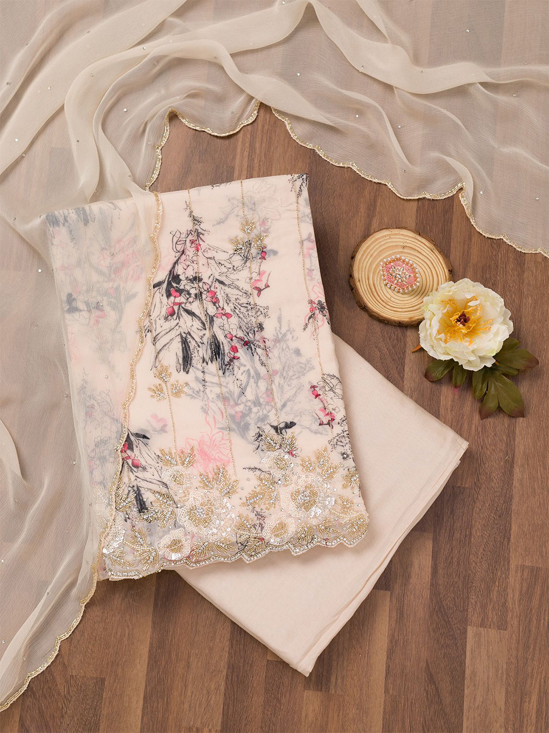 

Koskii Floral Printed Stones & Beads Unstitched Dress Material, Off white