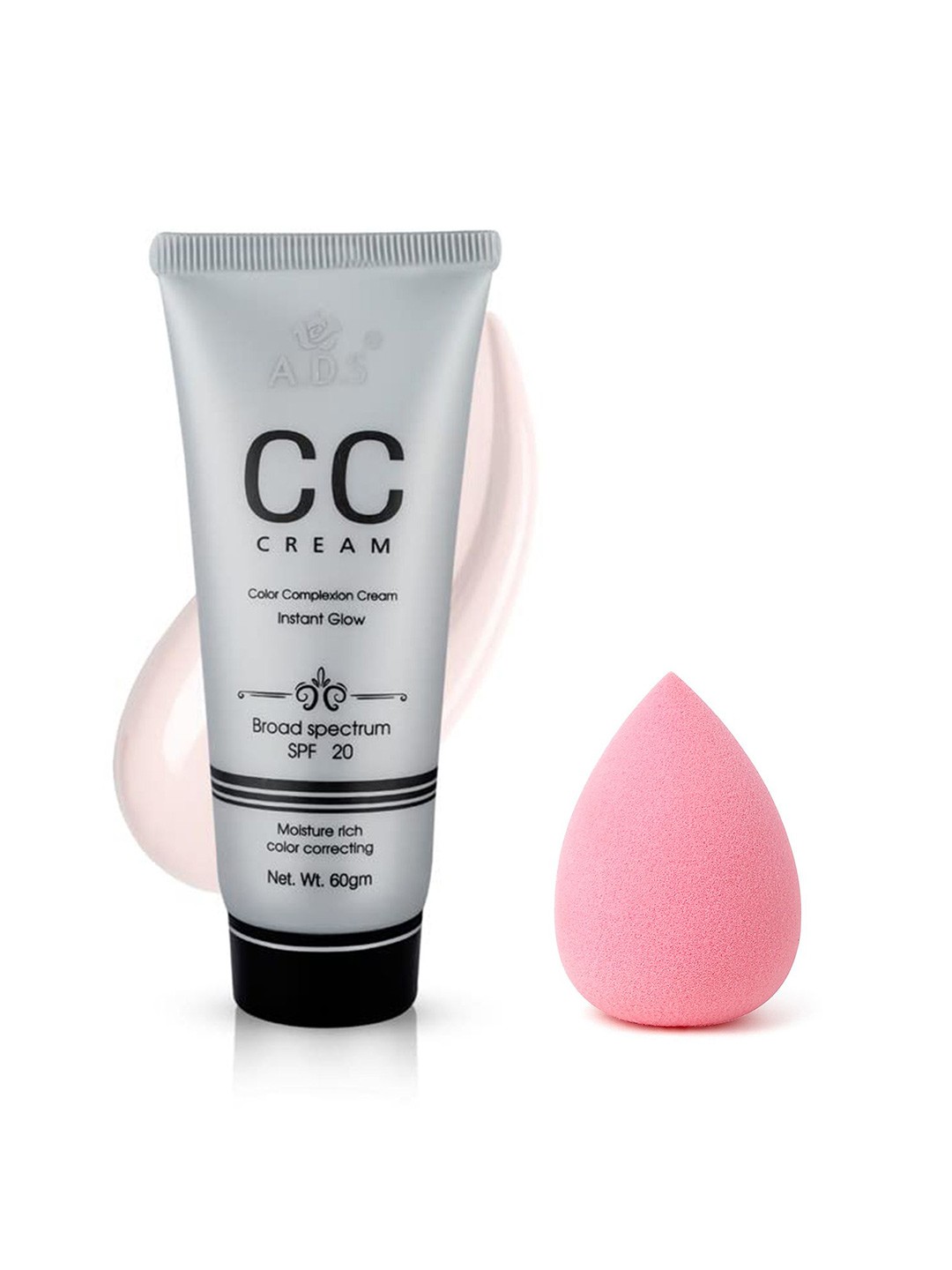 

A.D.S Color Complexion Instant Glow CC Cream & Sponge Beauty Blender Puff, 60gm Shade-01, Beige