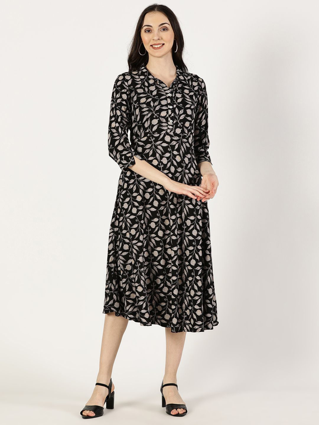 

Saffron Threads Tropical Printed A-Line Midi Dress, Black