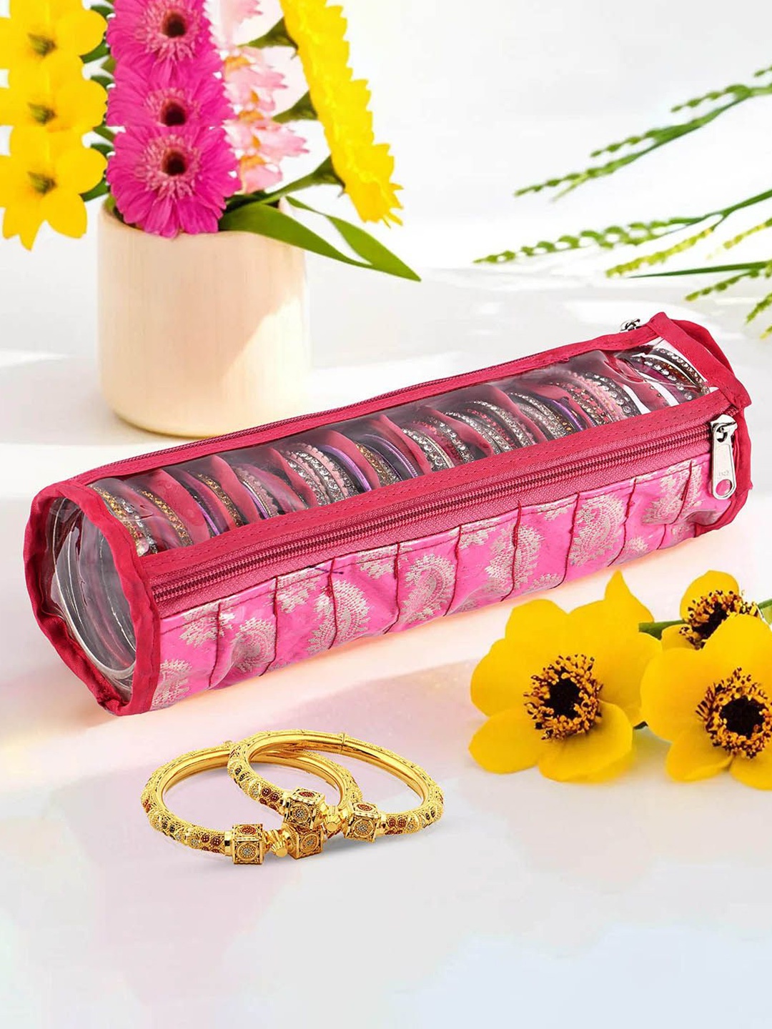 

Kuber Industries Pink & Gold Toned Printed 10 Compartments Jewellery Organiser