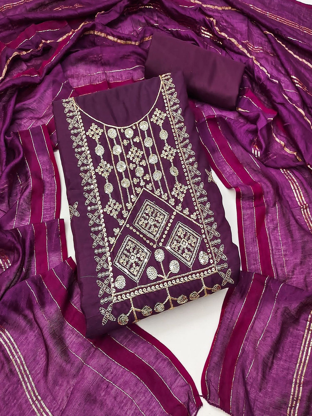 

JULEE Ethnic Motifs Embroidered Mirror Work Detail Pure Silk Unstitched Dress Material, Purple