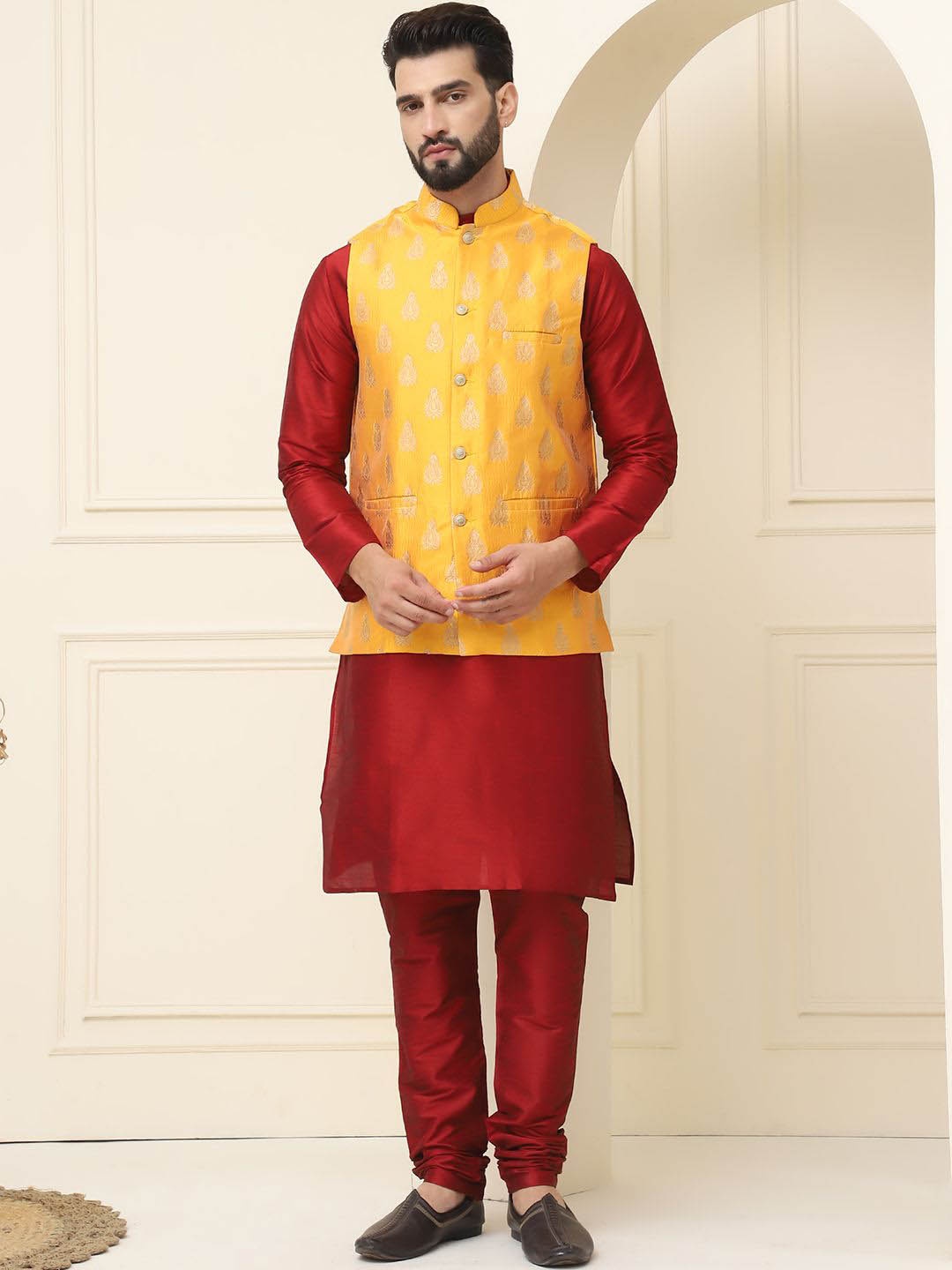 

SOJANYA Mandarin Collar Silk Cotton Kurta With Churidar & Woven Design Nehru Jacket, Maroon