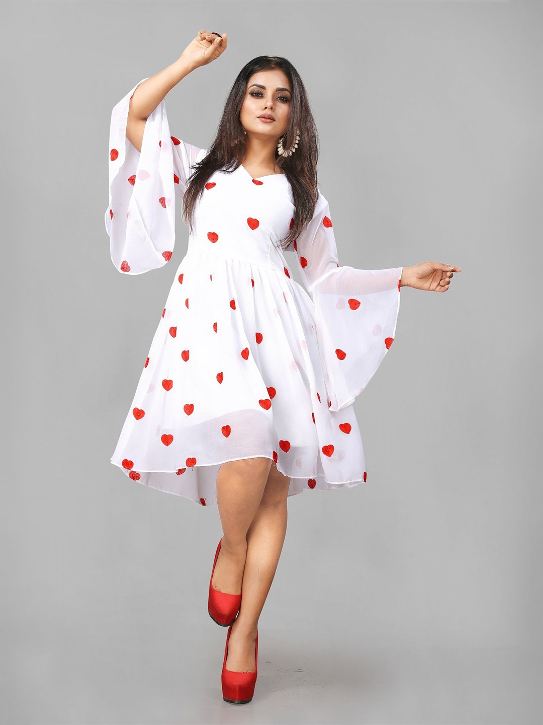 

JULEE Polka Dot Embroidered Bell Sleeve Georgette Fit & Flare Dress, White