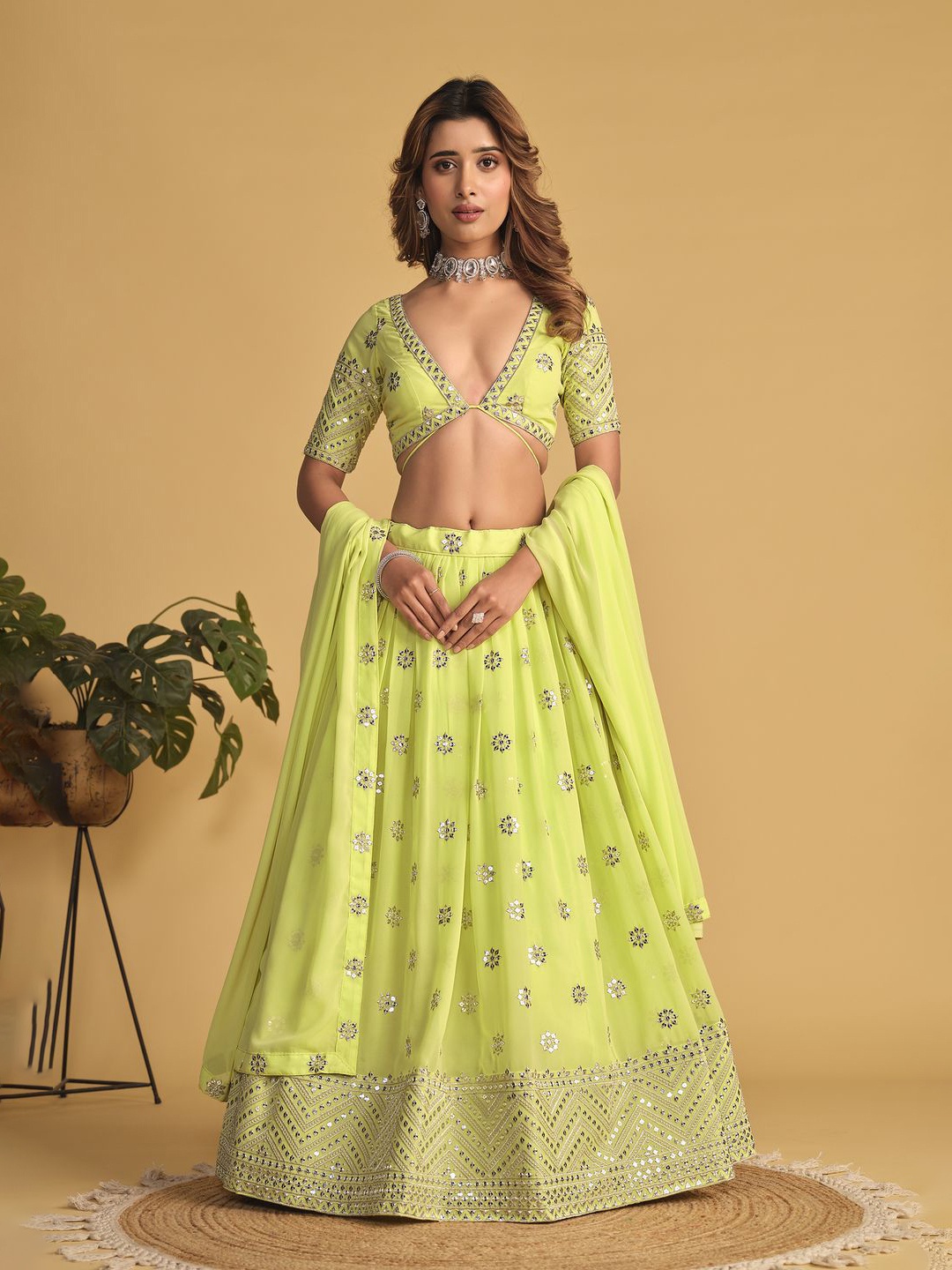 

KALINI Embroidered Silk Georgette Semi Stitched Lehenga & Unstitched Blouse With Dupatta, Green