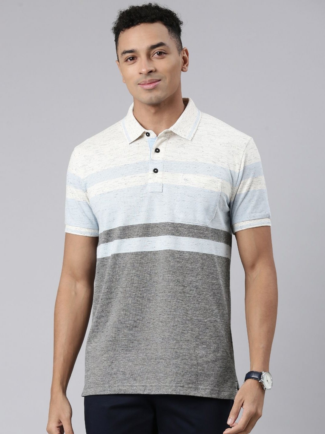 

Classic Polo Men Striped Polo Collar Cotton Slim Fit T-shirt, Grey