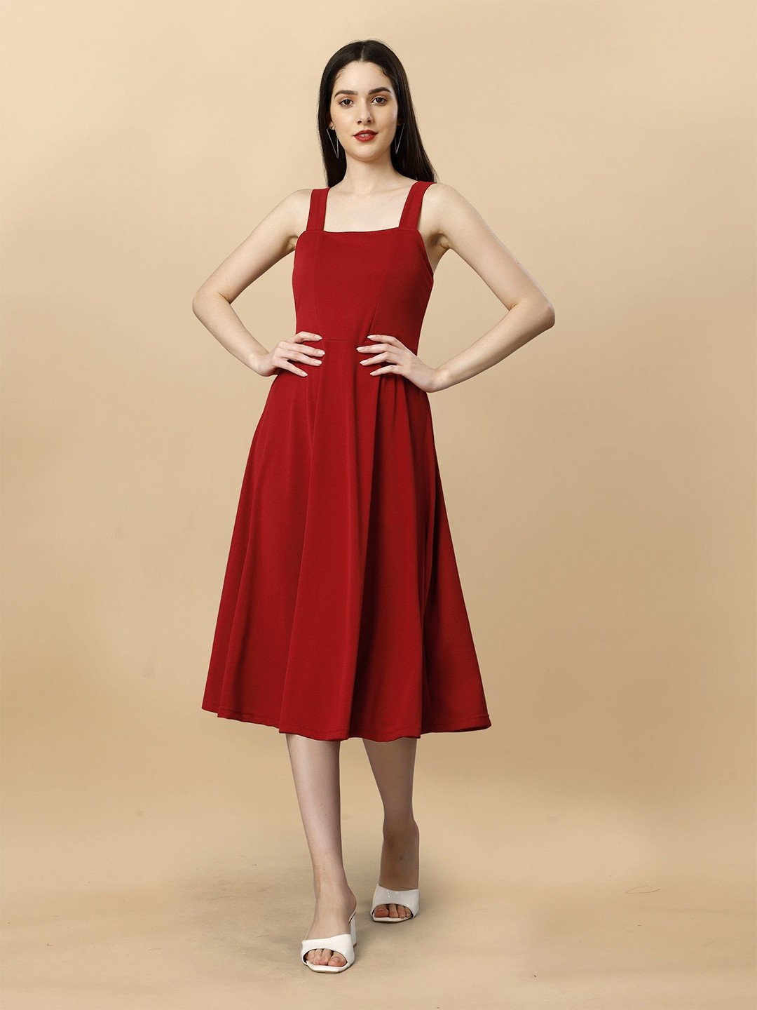 

JULEE Solid Sleeveless Fit & Flare Dress, Red