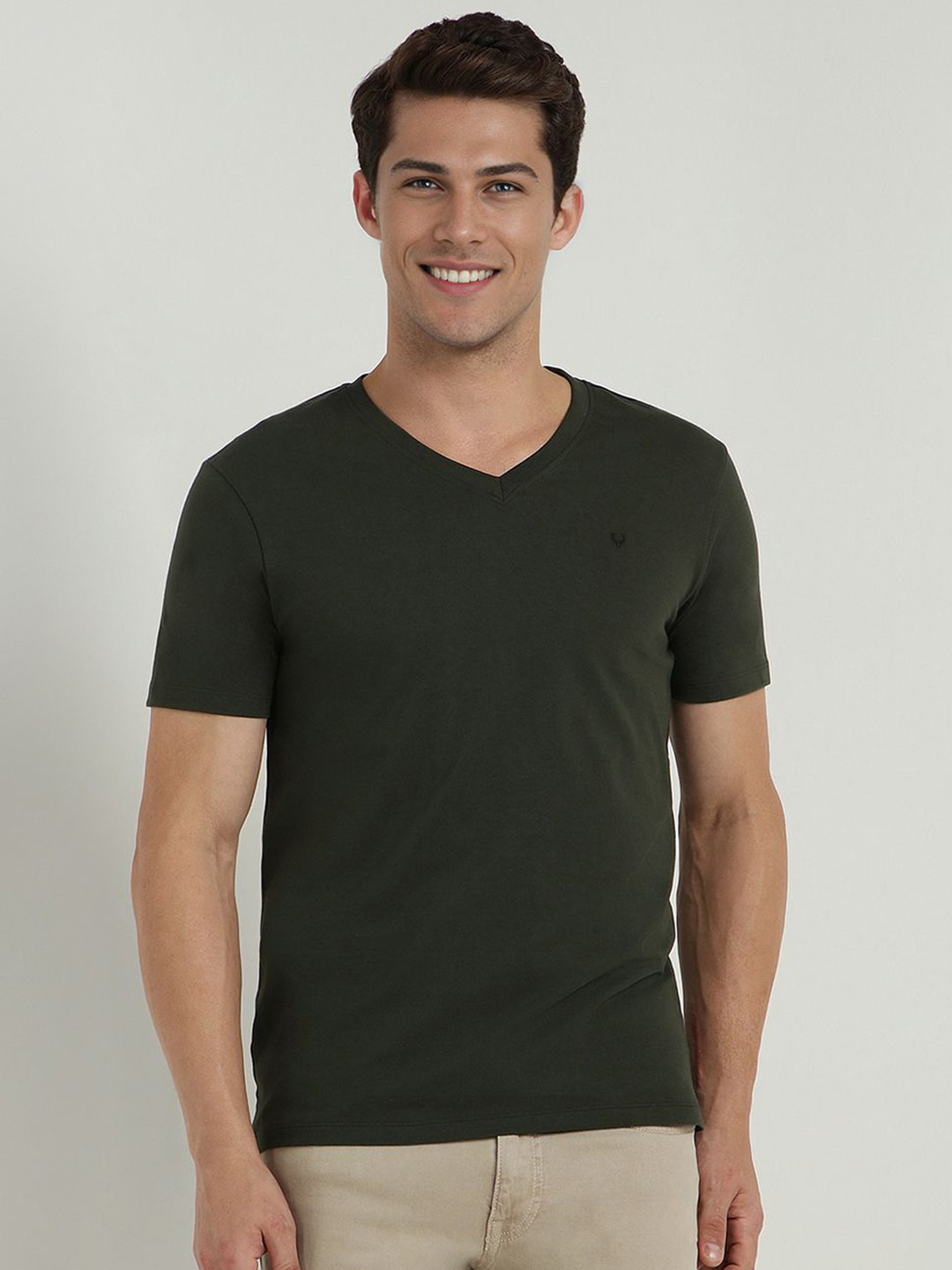 

Allen Solly Men Solid V-Neck Cotton Slim Fit T-shirt, Green