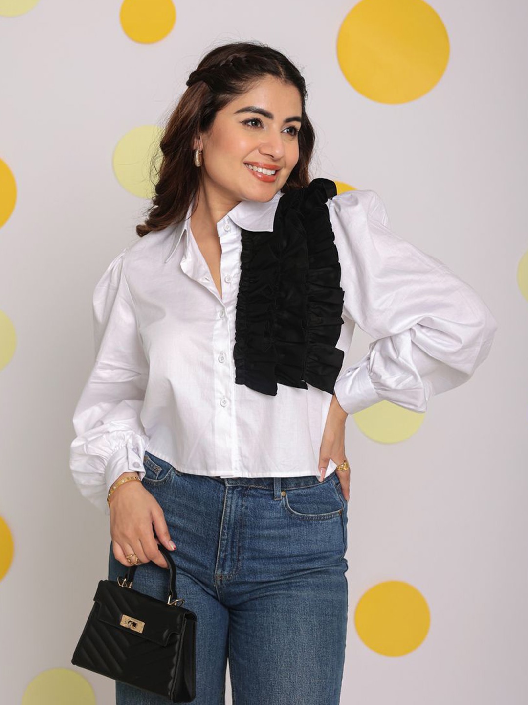 

KAORI BY SHREYA AGARWAL Women Solid Shirt Collar Cotton Top, White