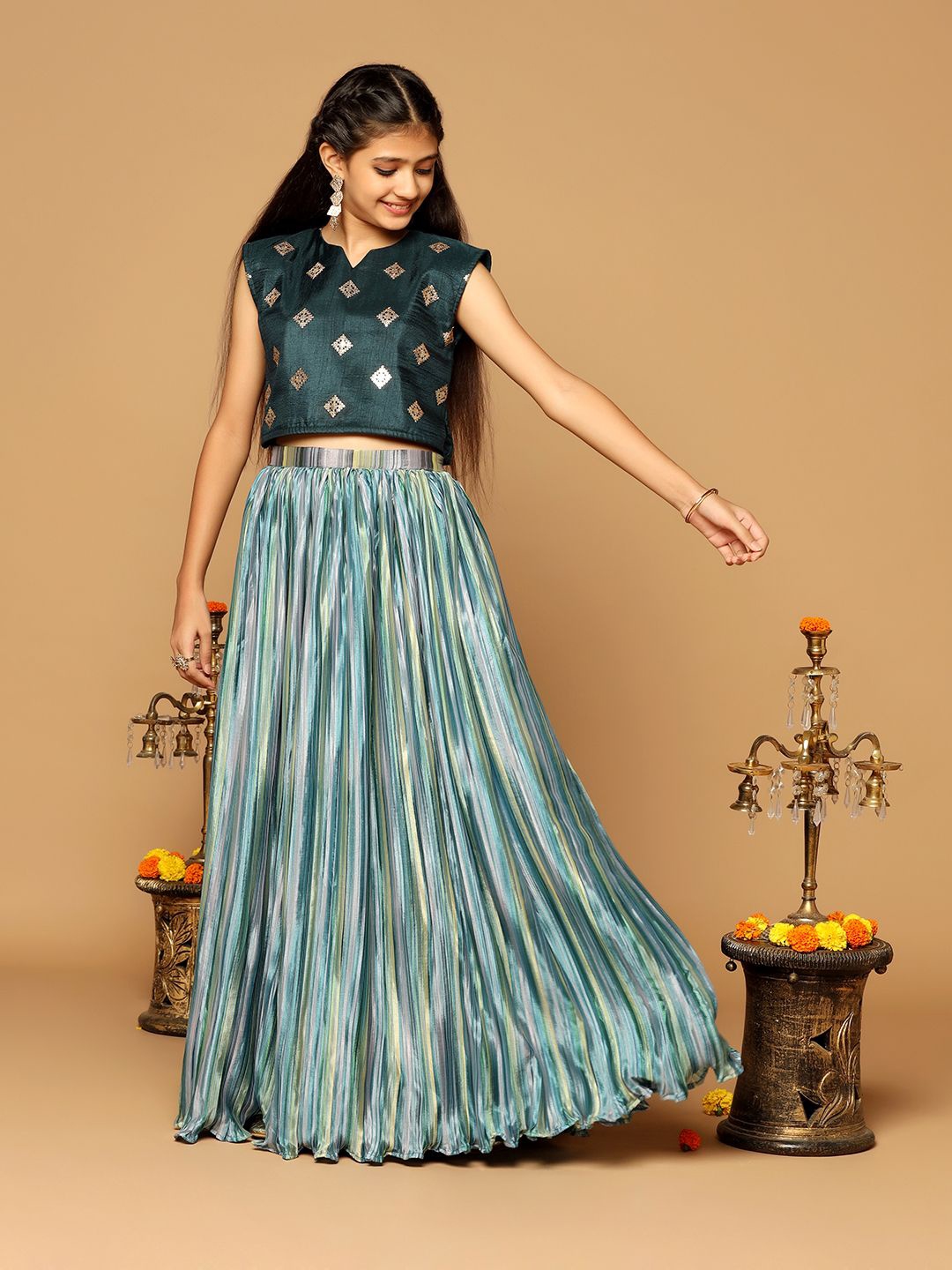 

BAESD Girls Embroidered Ready to Wear Lehenga & Blouse, Blue