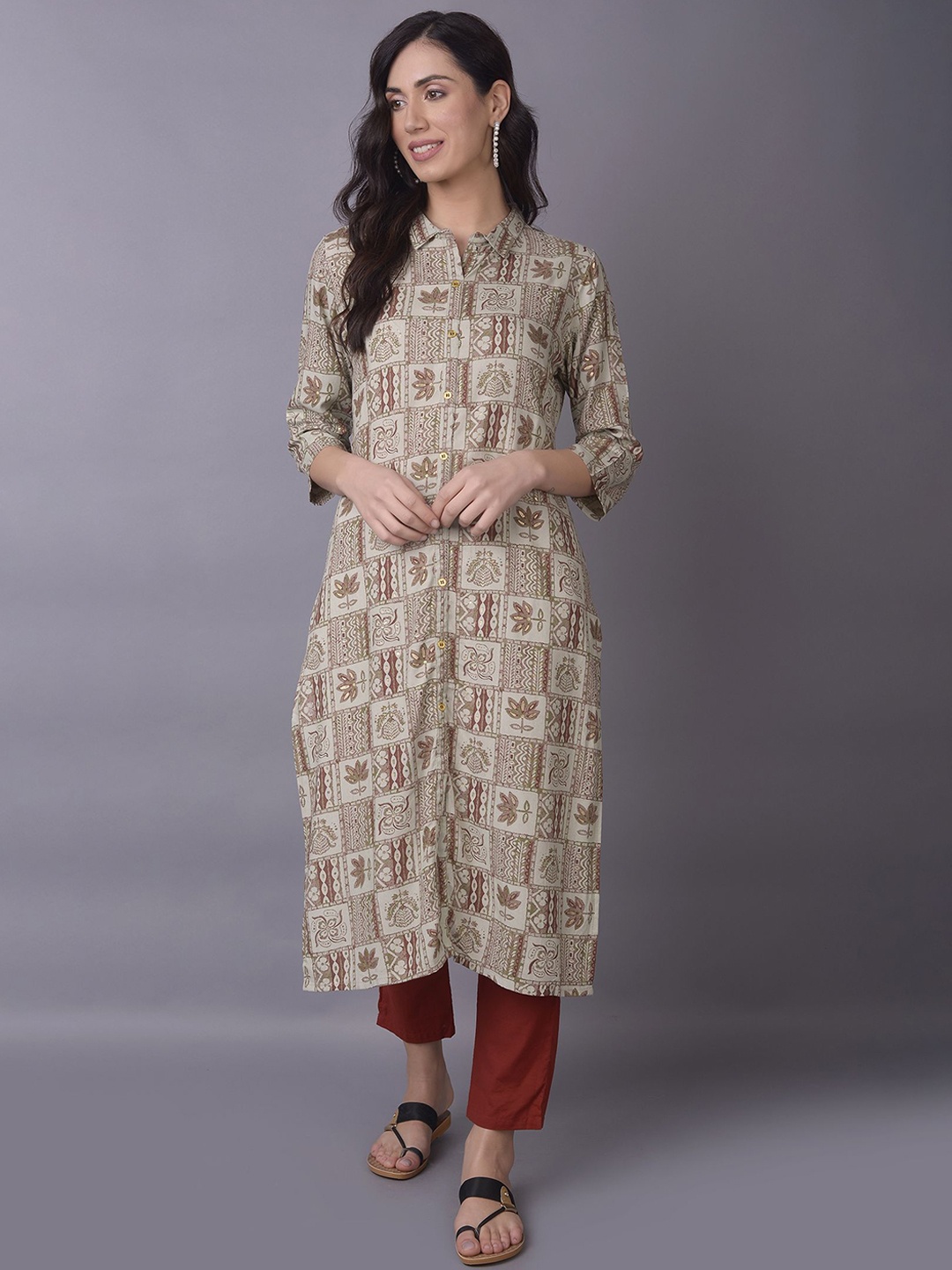 

Shree Floral Printed Shirt Collar Liva Straight Kurta, Olive