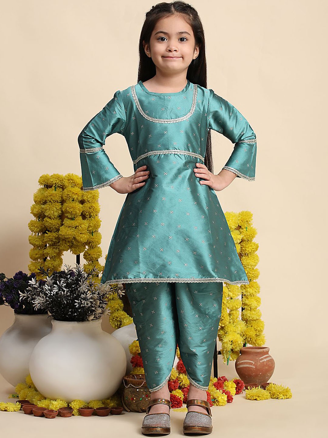 

Cutiekins Girls Self Design Gotta Patti A-Line Kurta With Dhoti Pants, Sea green