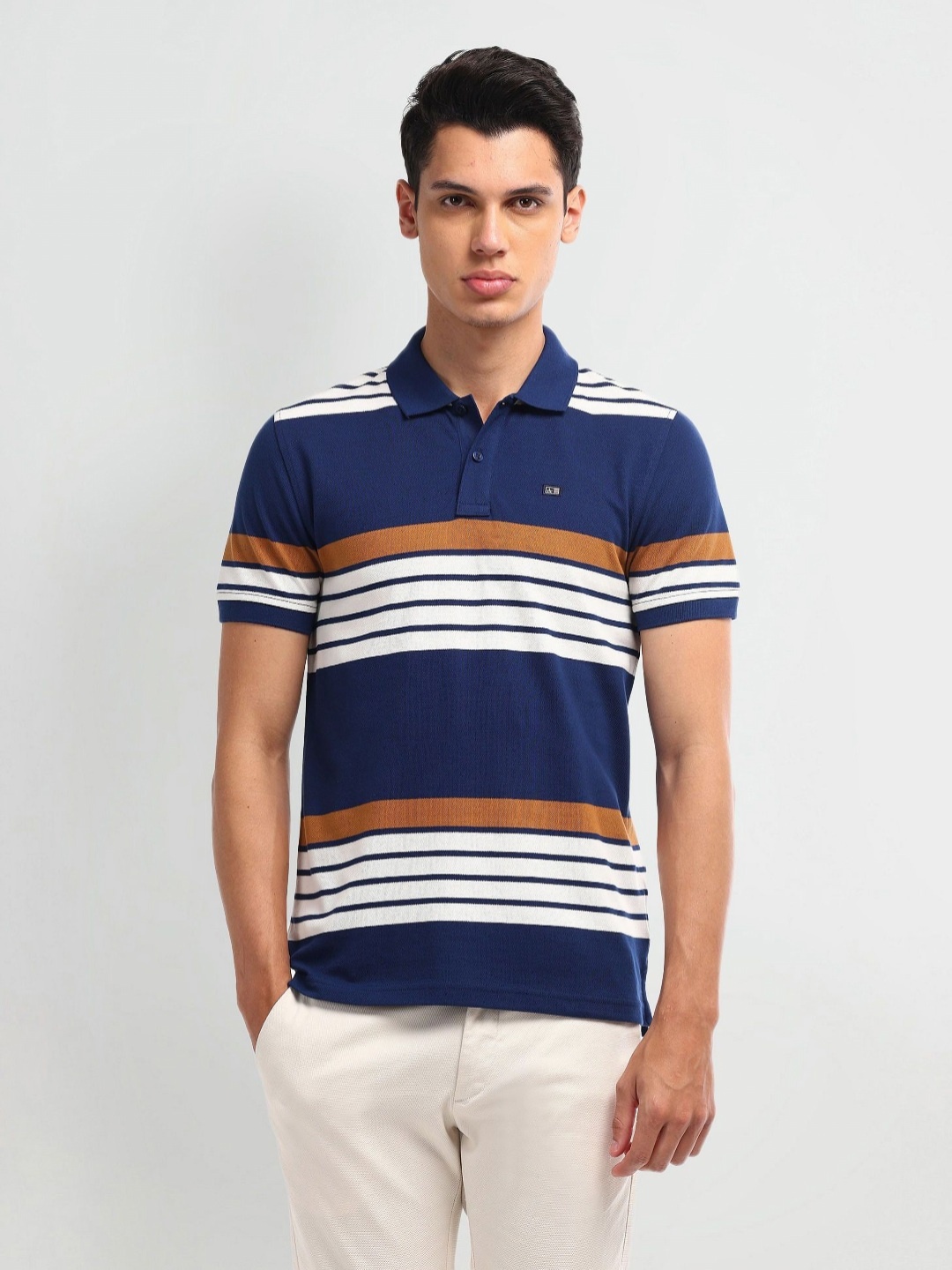 

Arrow Sport Men Striped Polo Collar Cotton T-shirt, Navy blue
