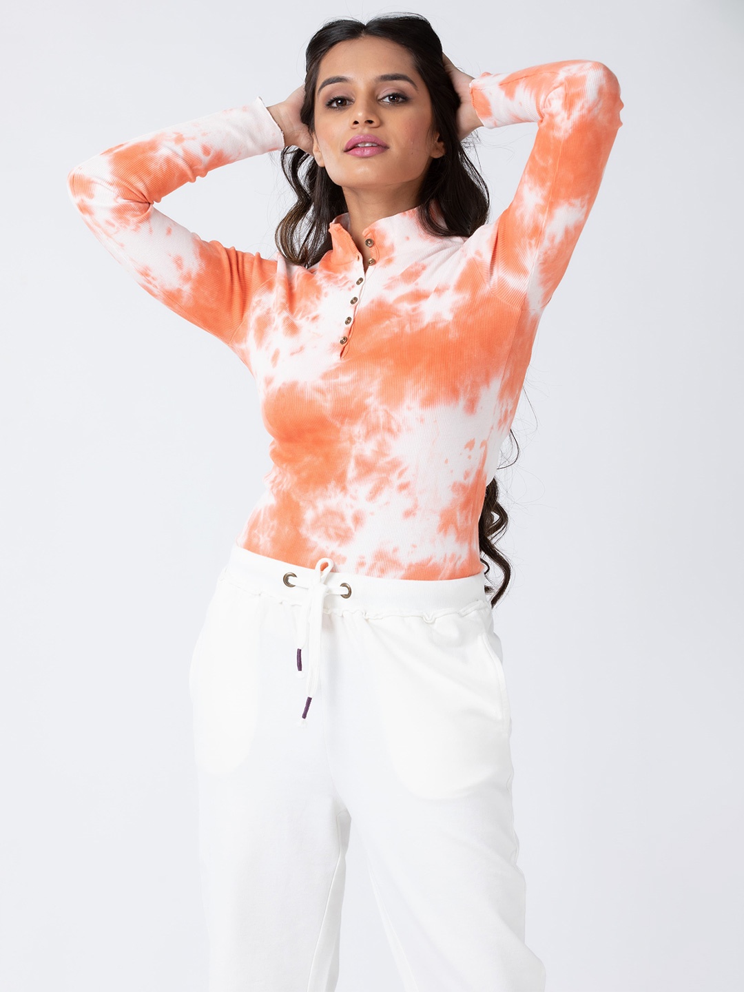 

PURPLE POTATO Women Tie and Dye High Neck Cotton Top, White