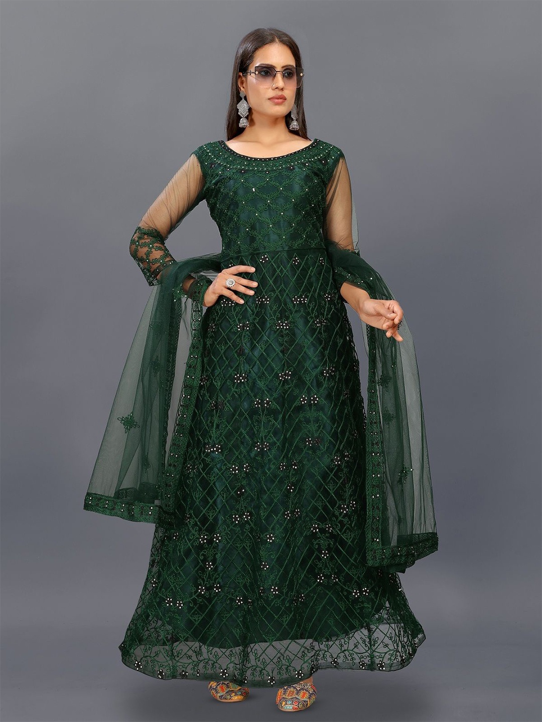 

JULEE Embellished Embroidered Net Fit & Flare Maxi Ethnic Dress With Dupatta, Green