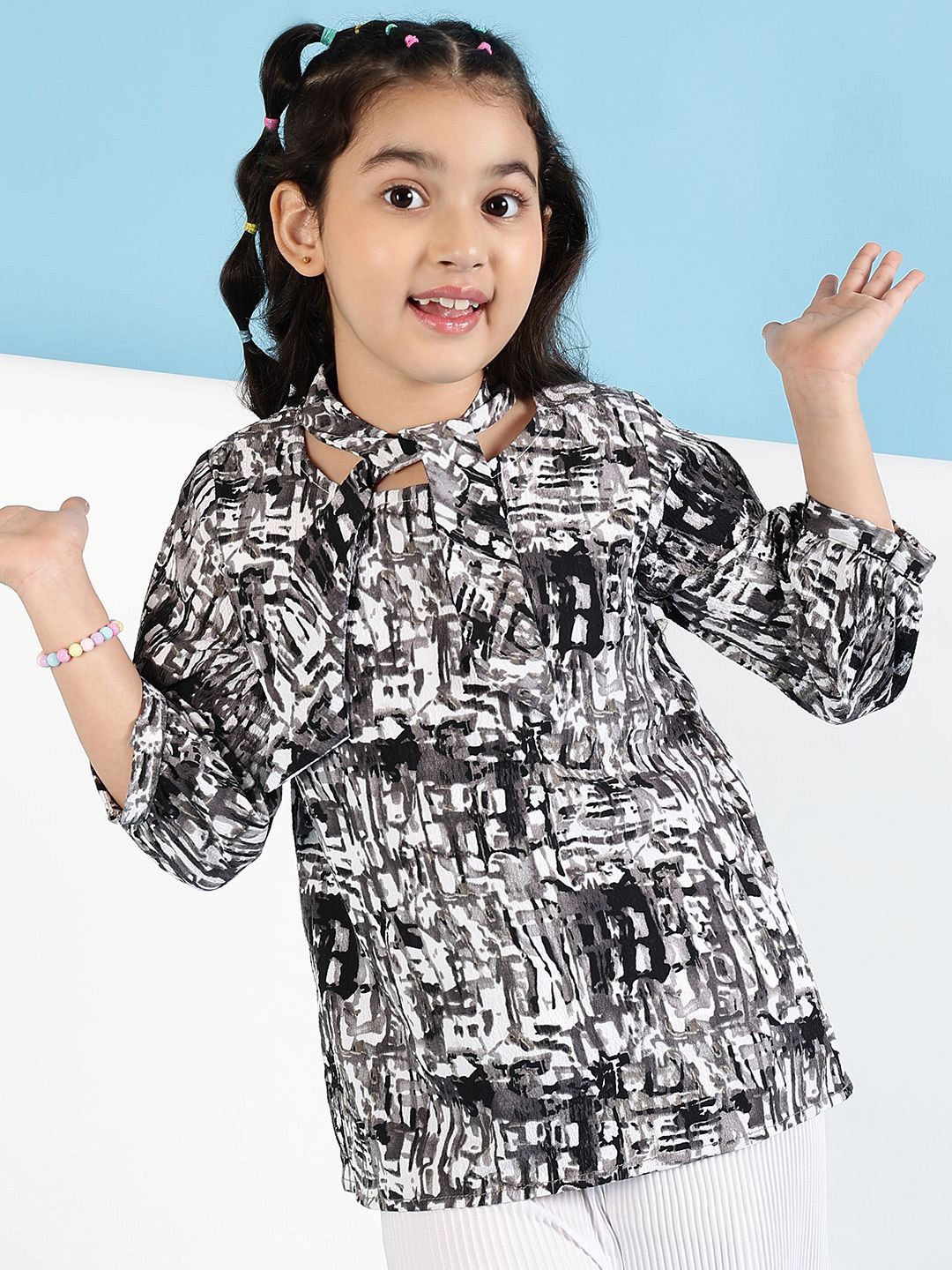 

BAESD Girls Abstract Printed Tie-Up Neck Top, Black