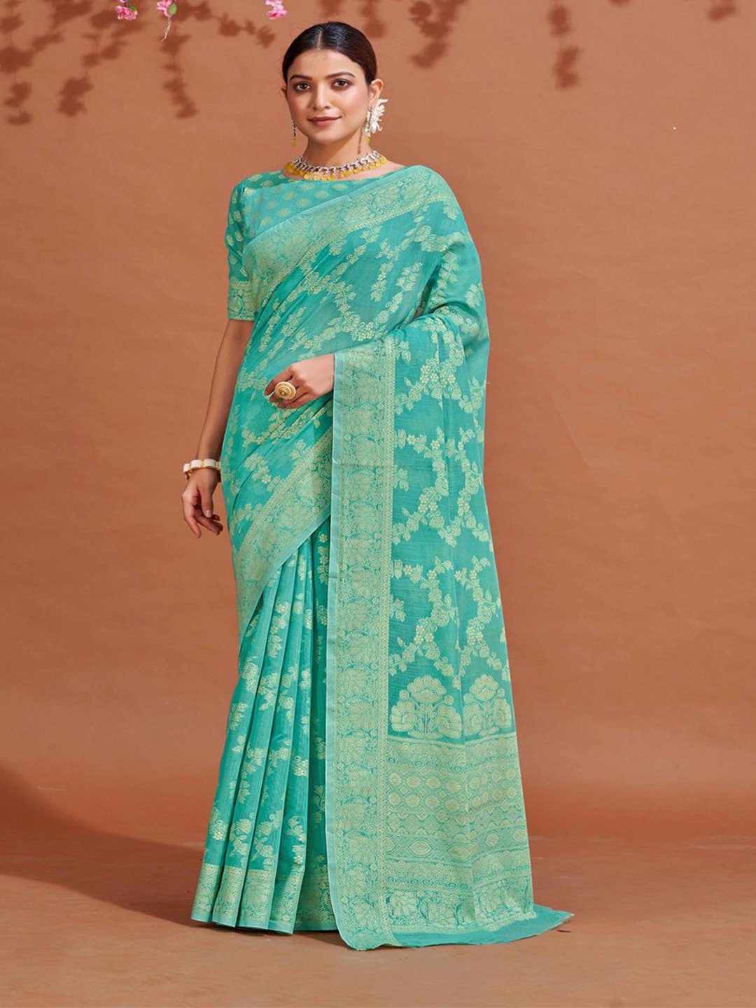 

Krimmple Woven Design Zari Saree, Turquoise blue