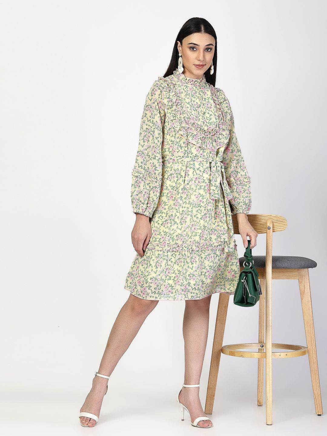 

COSMIC TRIO Floral Printed Puff Sleeve Ruffled Georgette A-Line Dress, Yellow