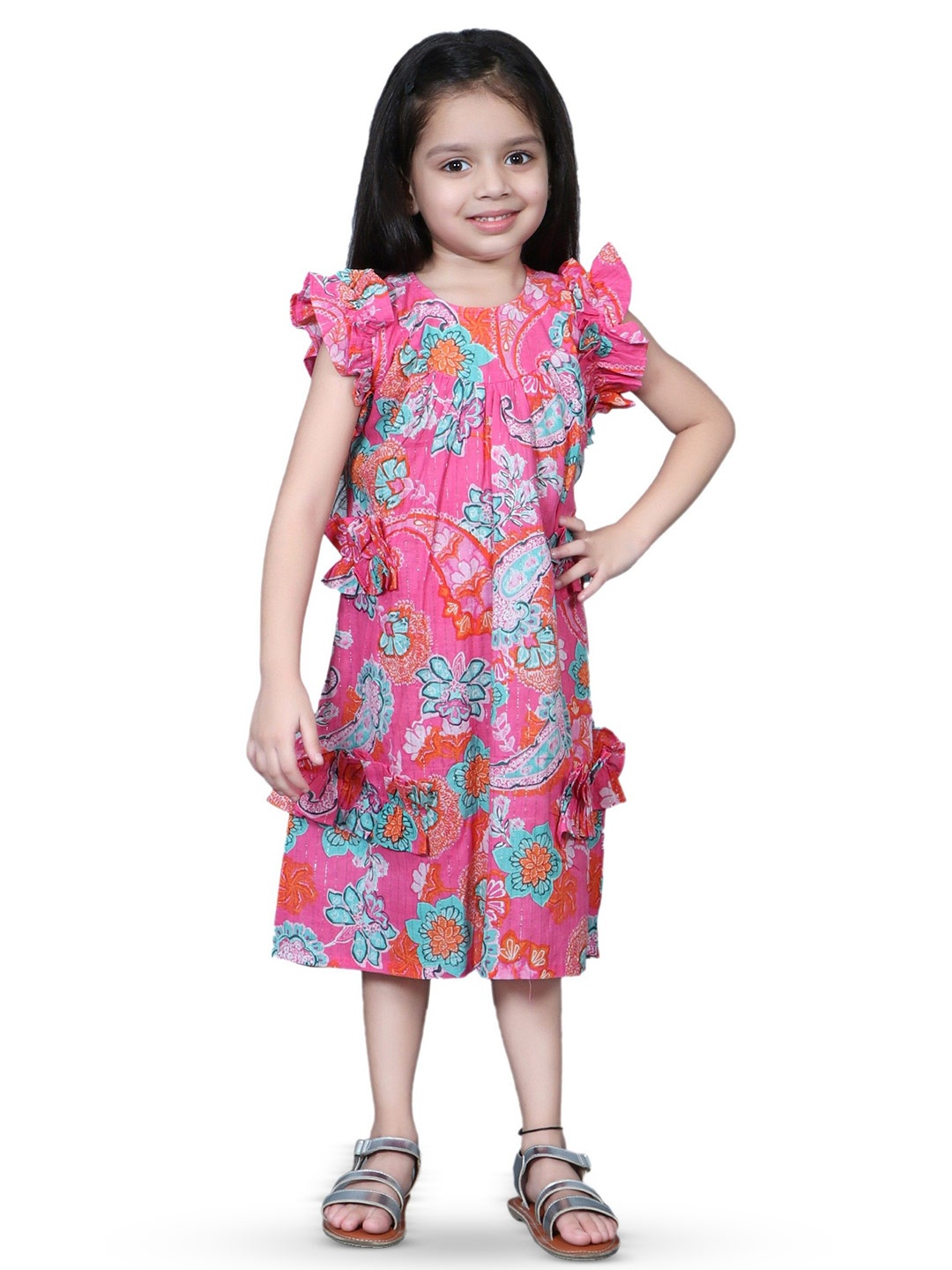 

EthIndia Girls Floral Printed A-Line Dress, Pink
