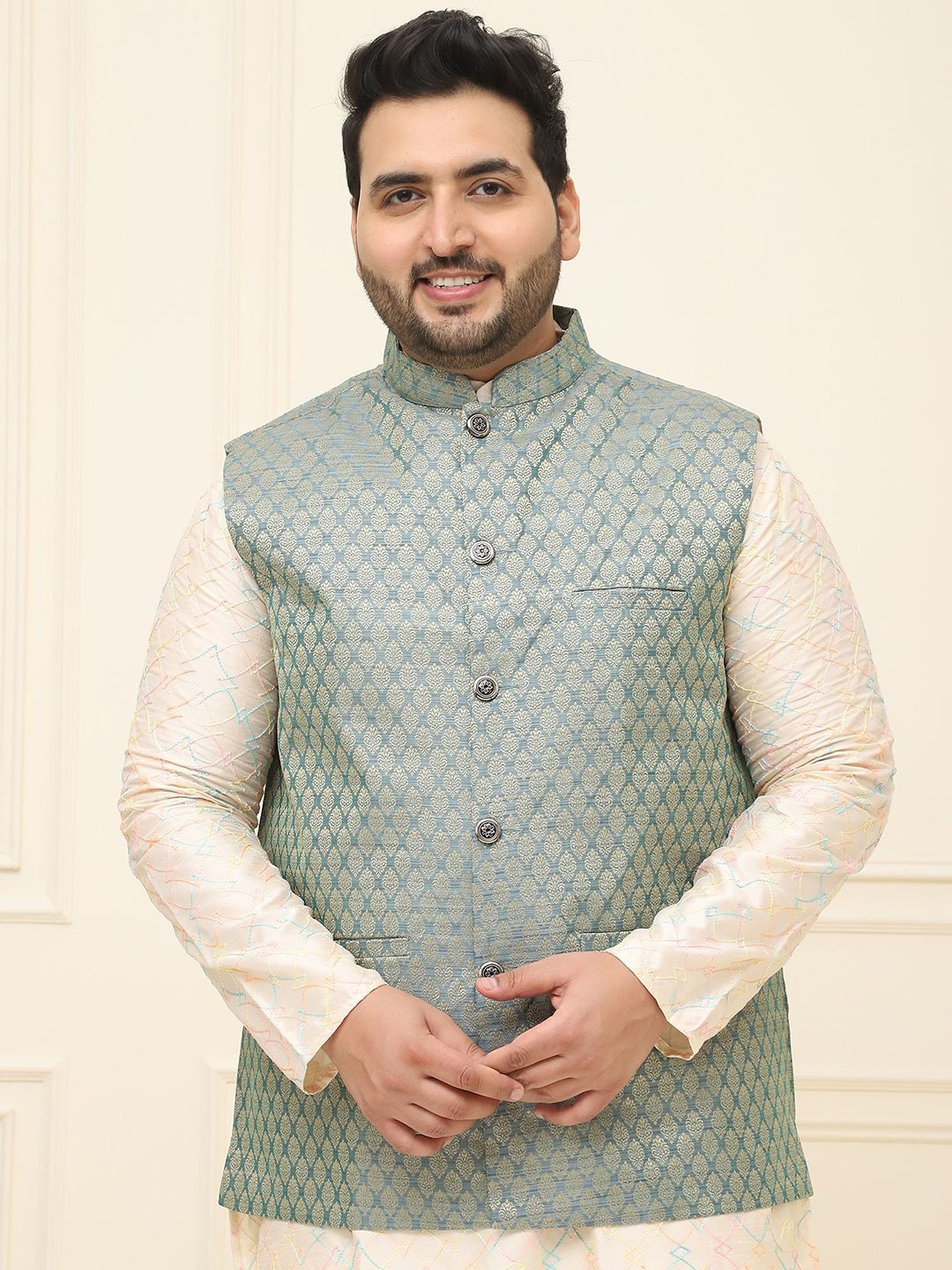 

SOJANYA PLUS Men Plus Size Printed Mandarin Collar Nehru Jacket, Teal