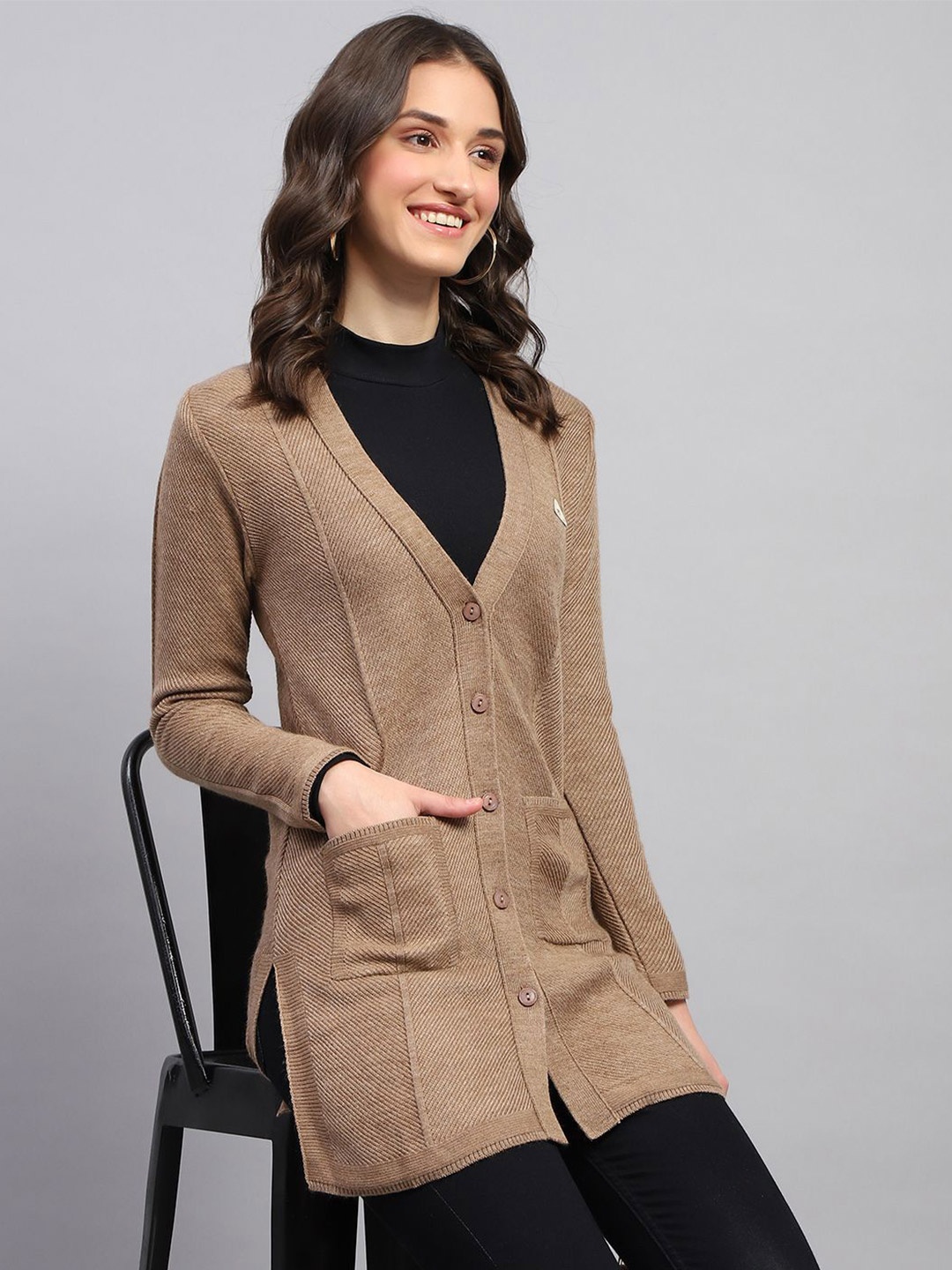 

Monte Carlo Women Cable Knit Woollen Longline Cardigan, Brown