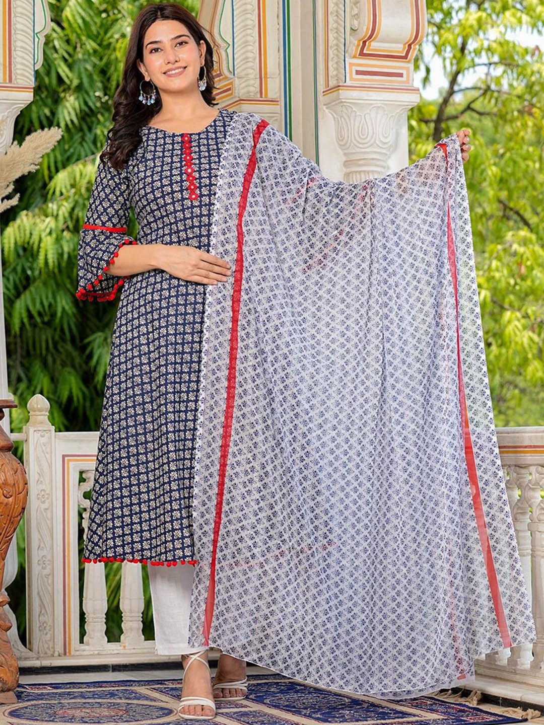 

YASH GALLERY Floral Printed Bell Sleeves Mirror Work A-Line Kurta & Dupatta, Blue