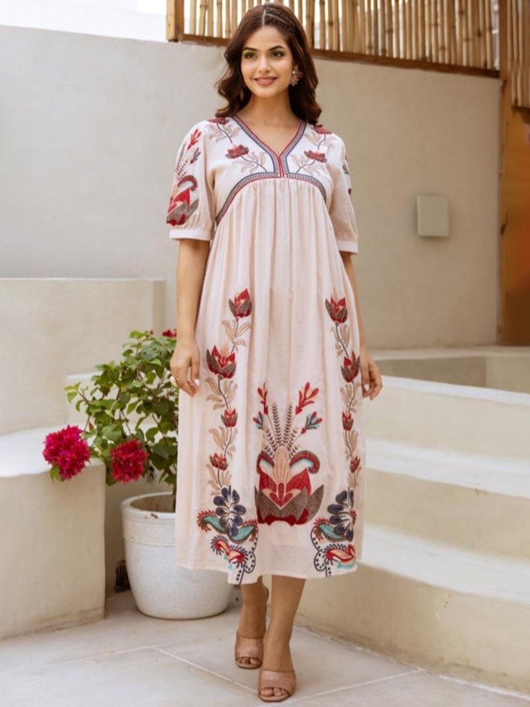 

AUTUMN LANE Women Floral Printed Cotton A-Line Ethnic Dresses, Off white