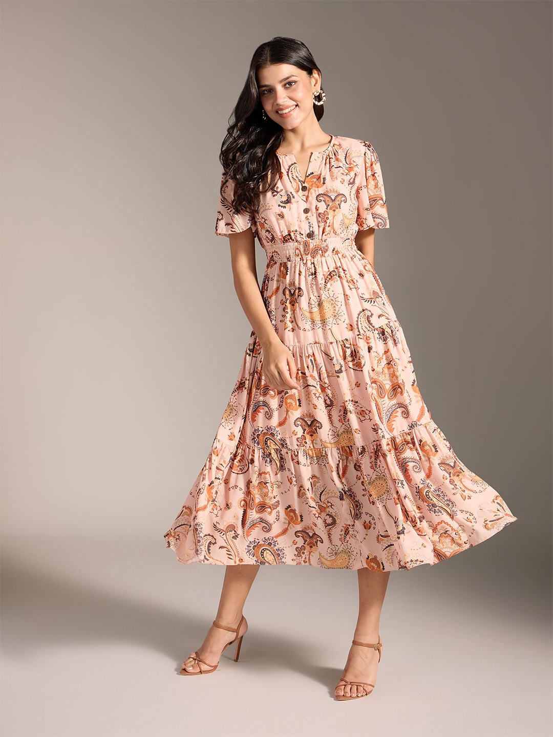 

20Dresses Women Floral Print Flared Sleeve Fit & Flare Midi Dress, Pink