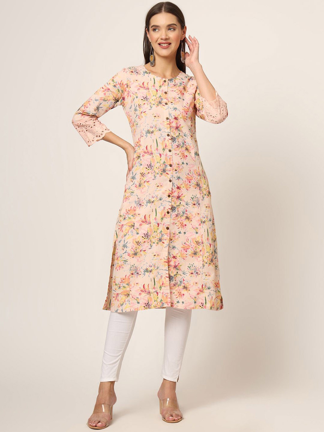 

Chandbaali Floral Printed Round Neck Cotton A-Line Kurta, Pink