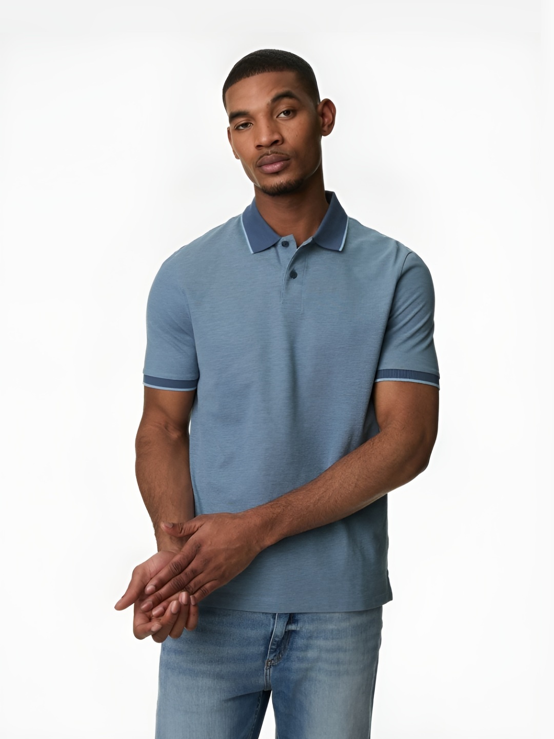 

Marks & Spencer Men Solid Polo Collar Cotton T-shirt, Blue