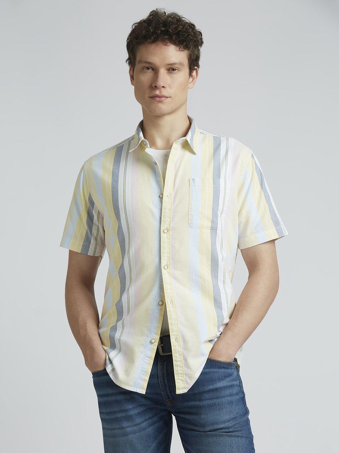 

Pepe Jeans Men Spread Collar Vertical Striped Cotton Casual Shirt, Yellow