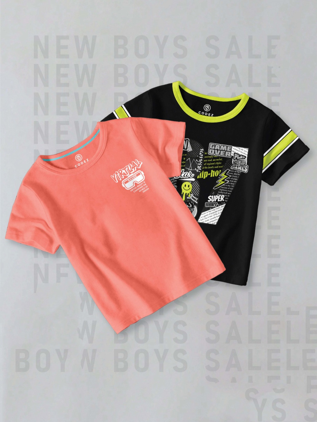 

CODEZ Boys Pack Of 2 Typography Printed Round Neck Cotton T-shirts, Black