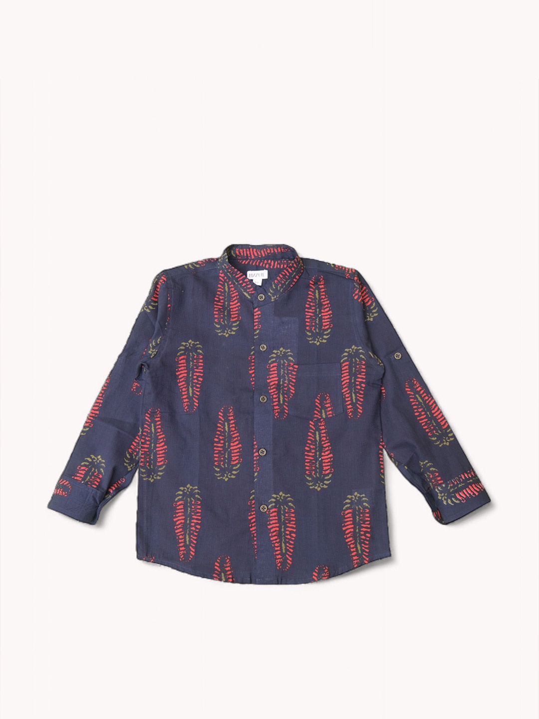 

MYZUIE Boys Band Collar Conversational Printed Cotton Casual Shirt, Blue