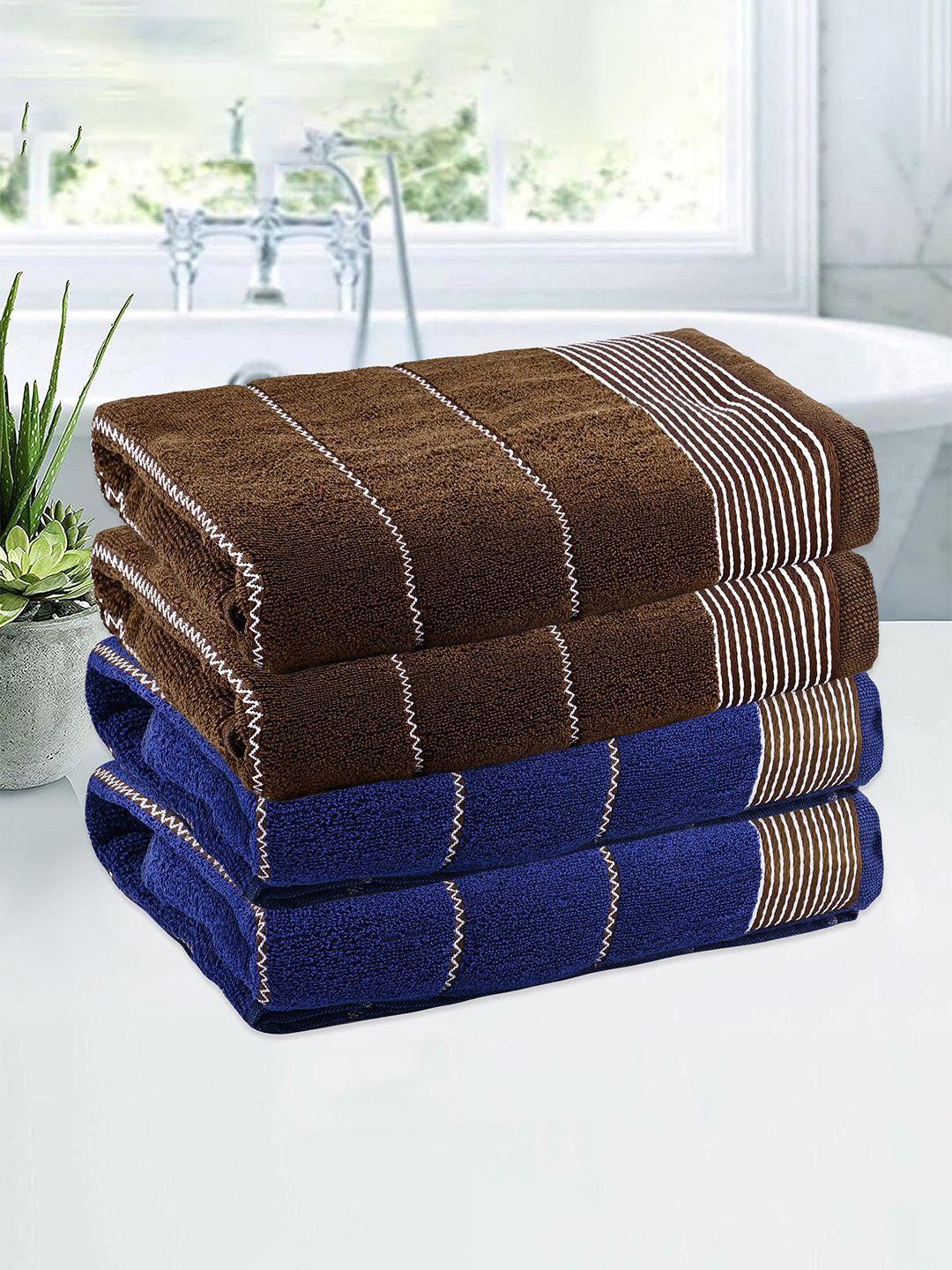 

Kuber Industries Blue & Brown 4 Pieces Striped Cotton 450 GSM Bath Towels