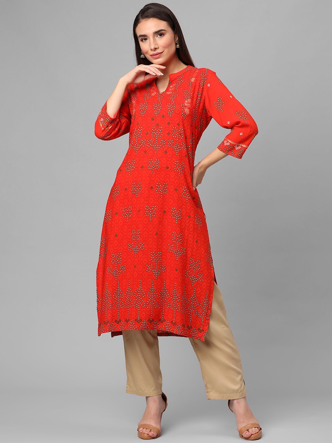 

Shree Geometric Printed Mandarin Collar Liva Straight Kurta, Orange