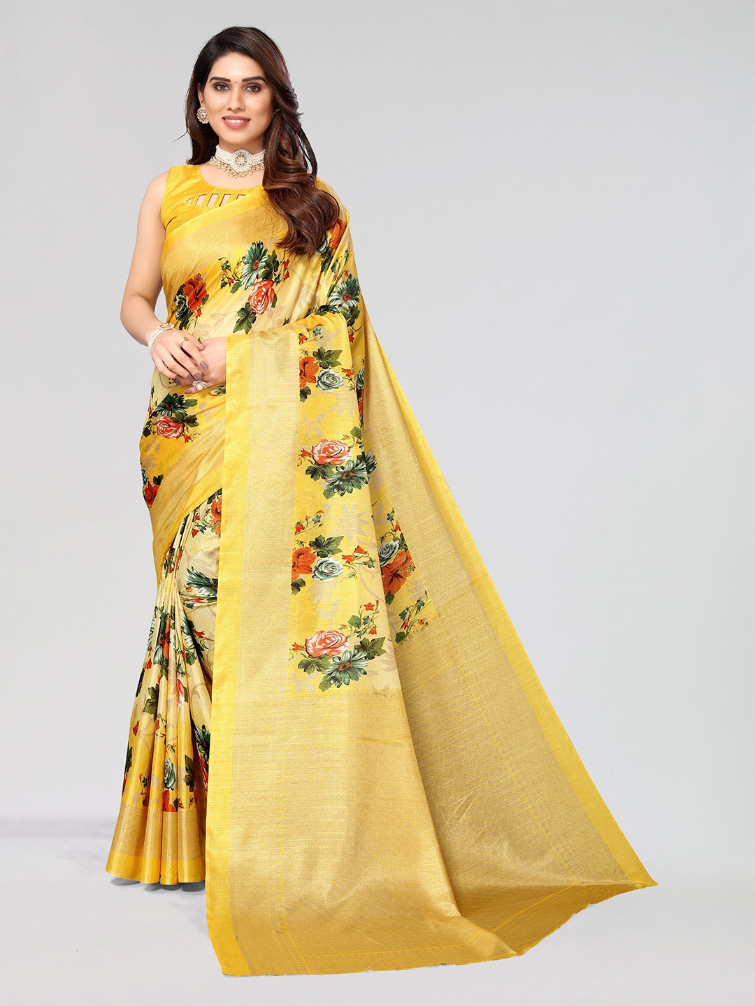 

VIRICA Floral Printed Zari Saree With Zari Border, Yellow
