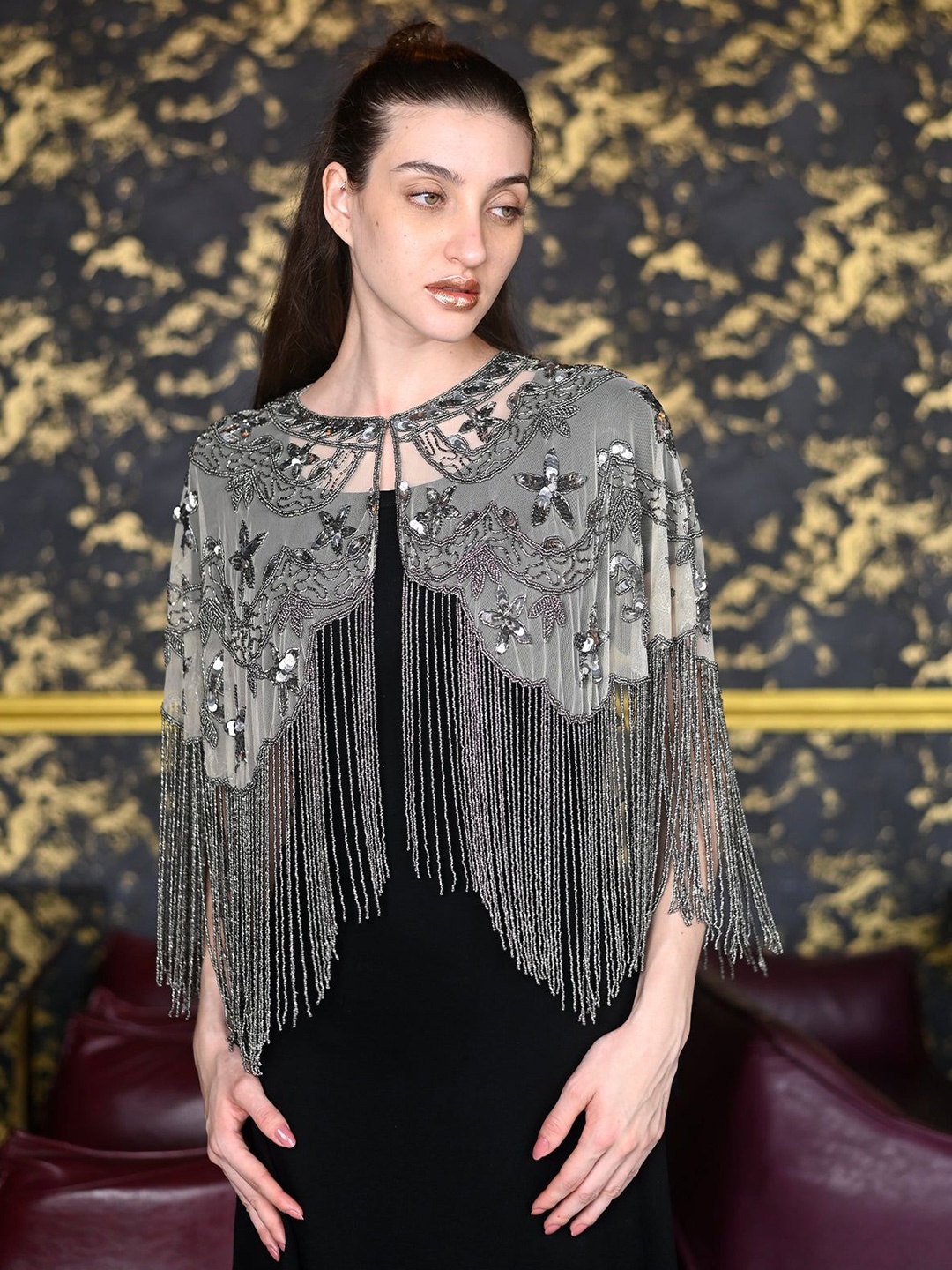 

ODETTE Embroidered Mandarin Collar Crop Tie-Up Shrug, Off white