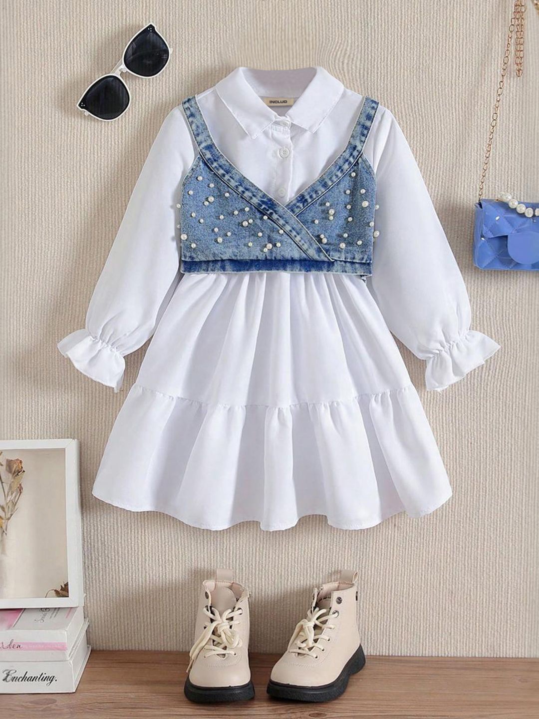 

INCLUD Girls Shirt Collar Tiered Fit & Flare Dress with Denim Beaded Crop Top, White