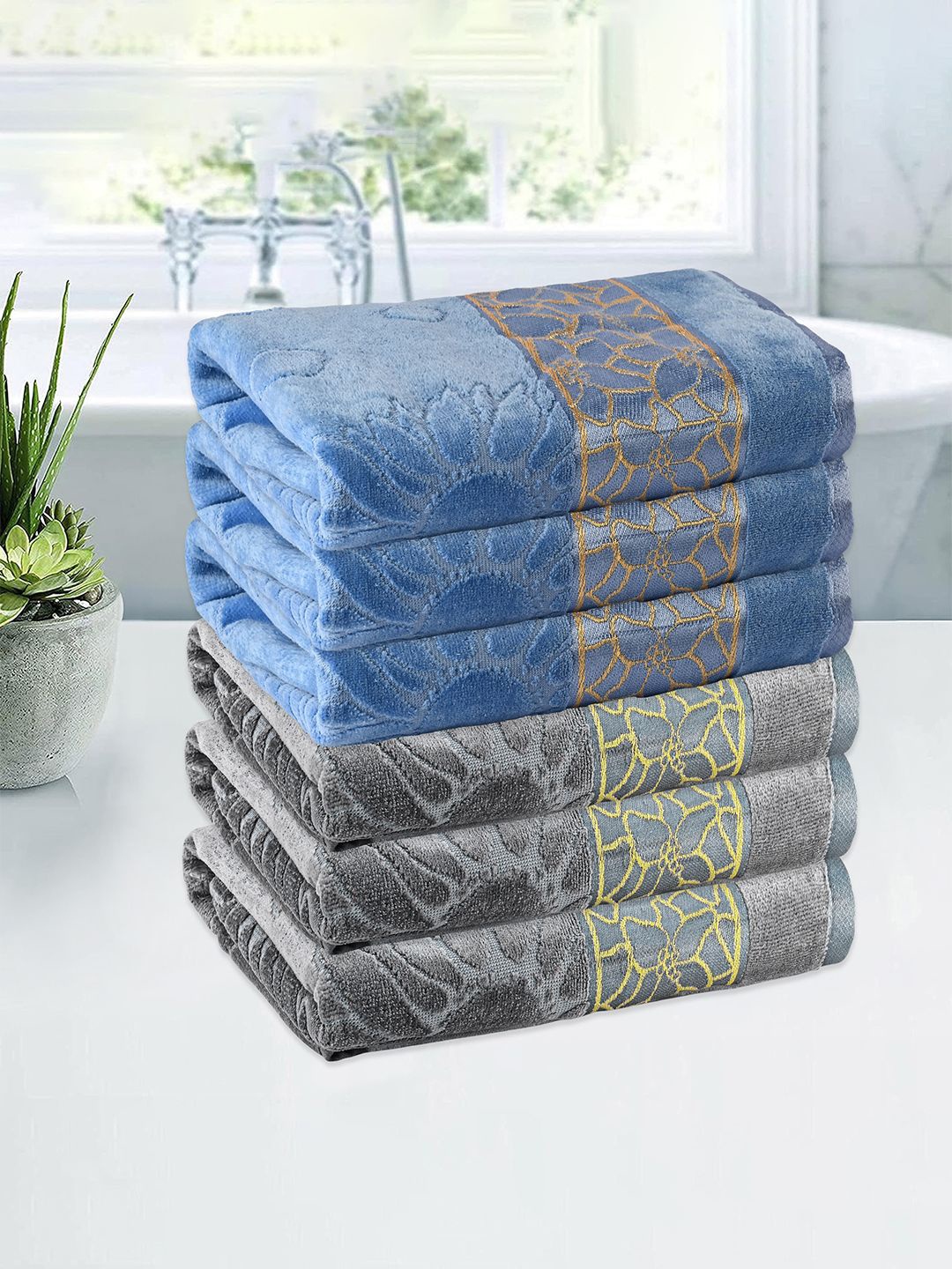 

Kuber Industries Grey & Blue 6 Pieces Printed Cotton 450 GSM Bath Towel