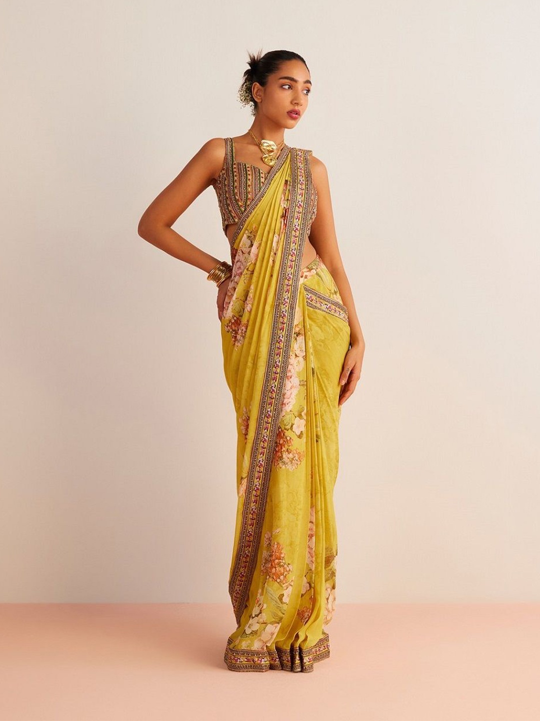 

Kalista Floral Embroidered Pure Georgette Saree, Yellow